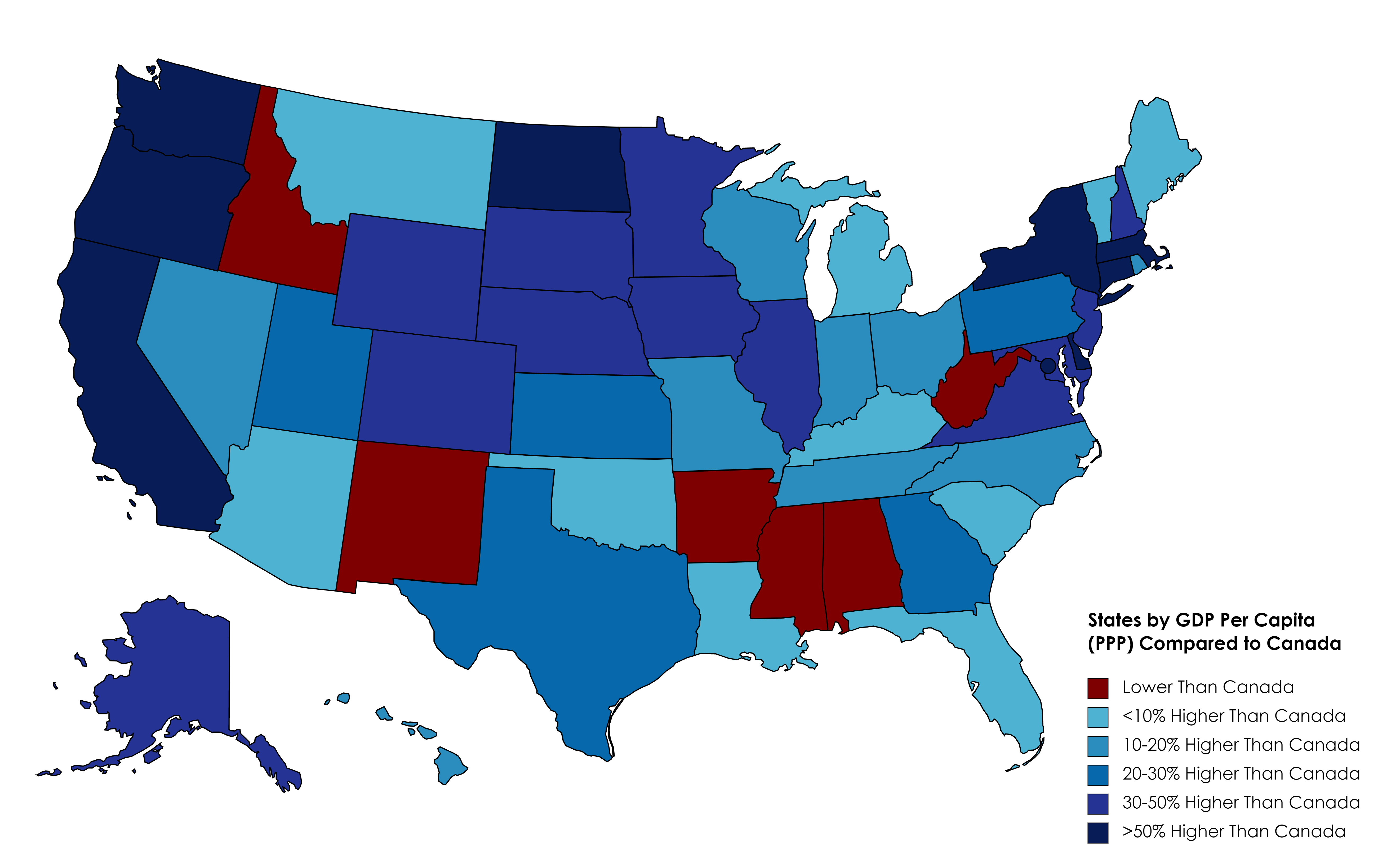 U.S. States Compared to Canada by GDP Per Capita (PPP) April 2021 r/MapPorn