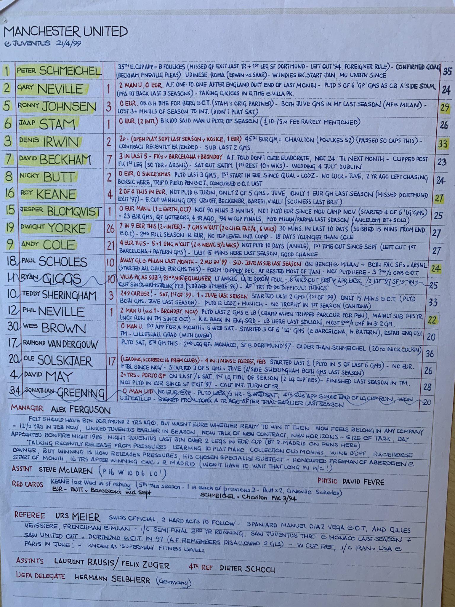 Football commentator Clive Tyldesley’s handwritten notes for Manchester