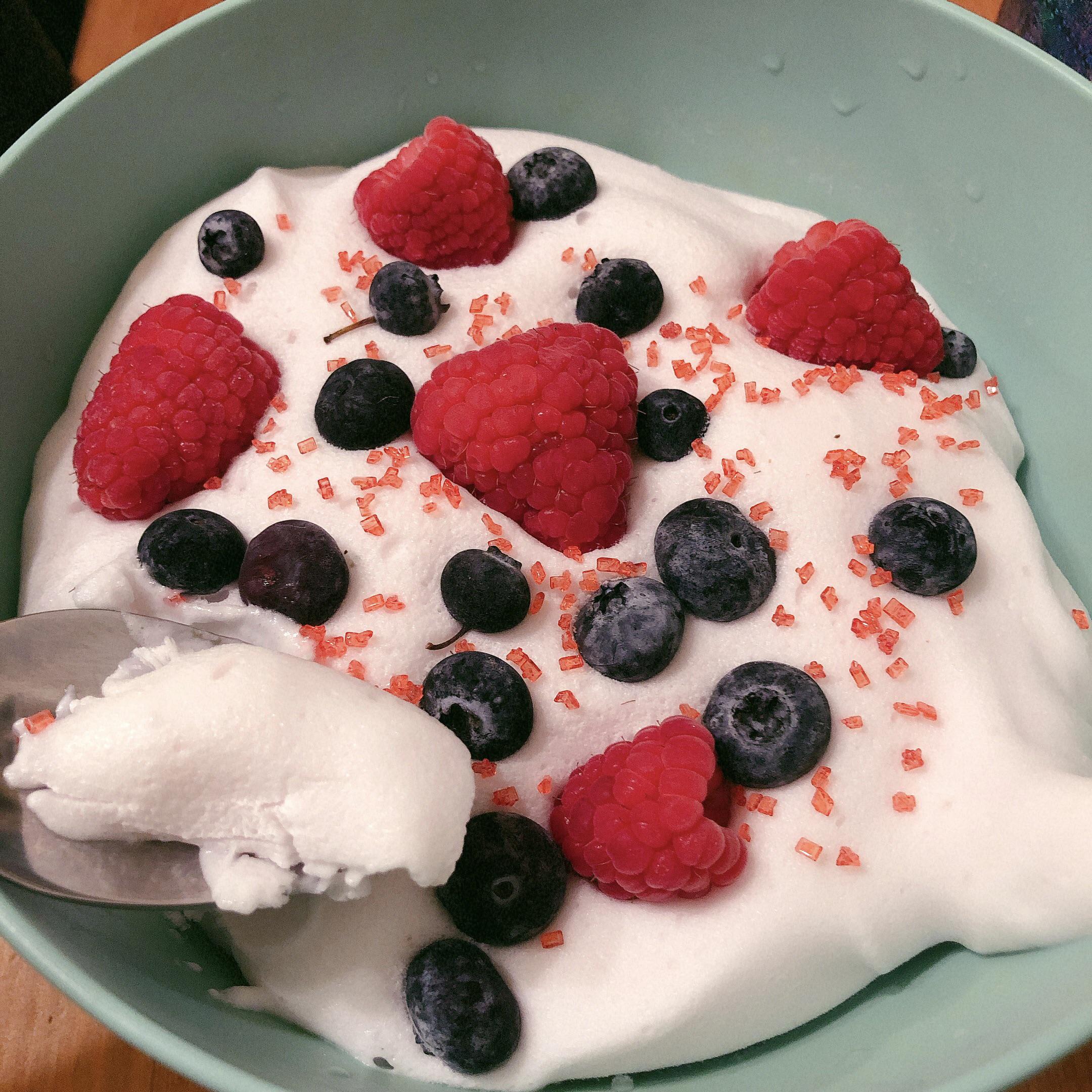 (111) big bowl of strawberry dragonfruit protein fluff frozen yogurt