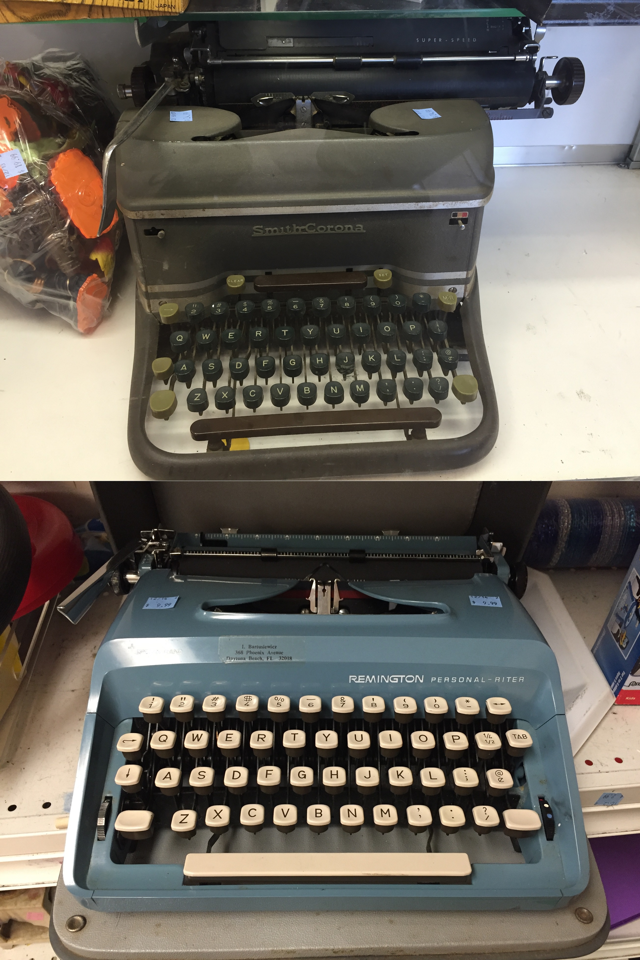 Two typewriters at a nearby Goodwill (25 and 10, respectively) r
