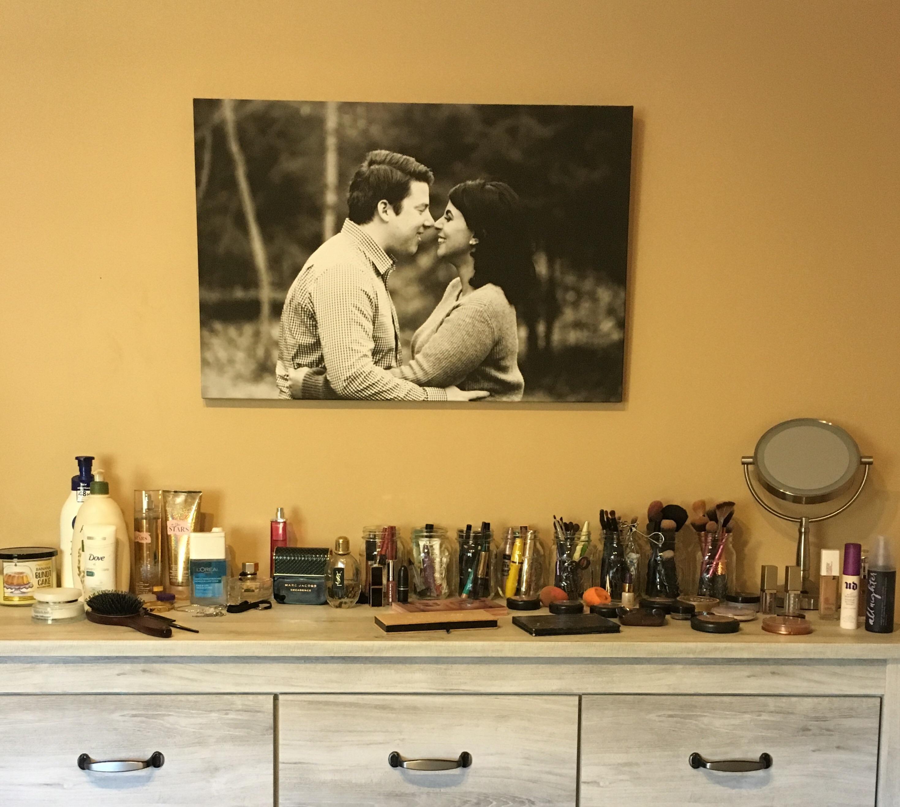 New vanity/dresser since moving and living out of a suitcase for a year! Put what I can in mason