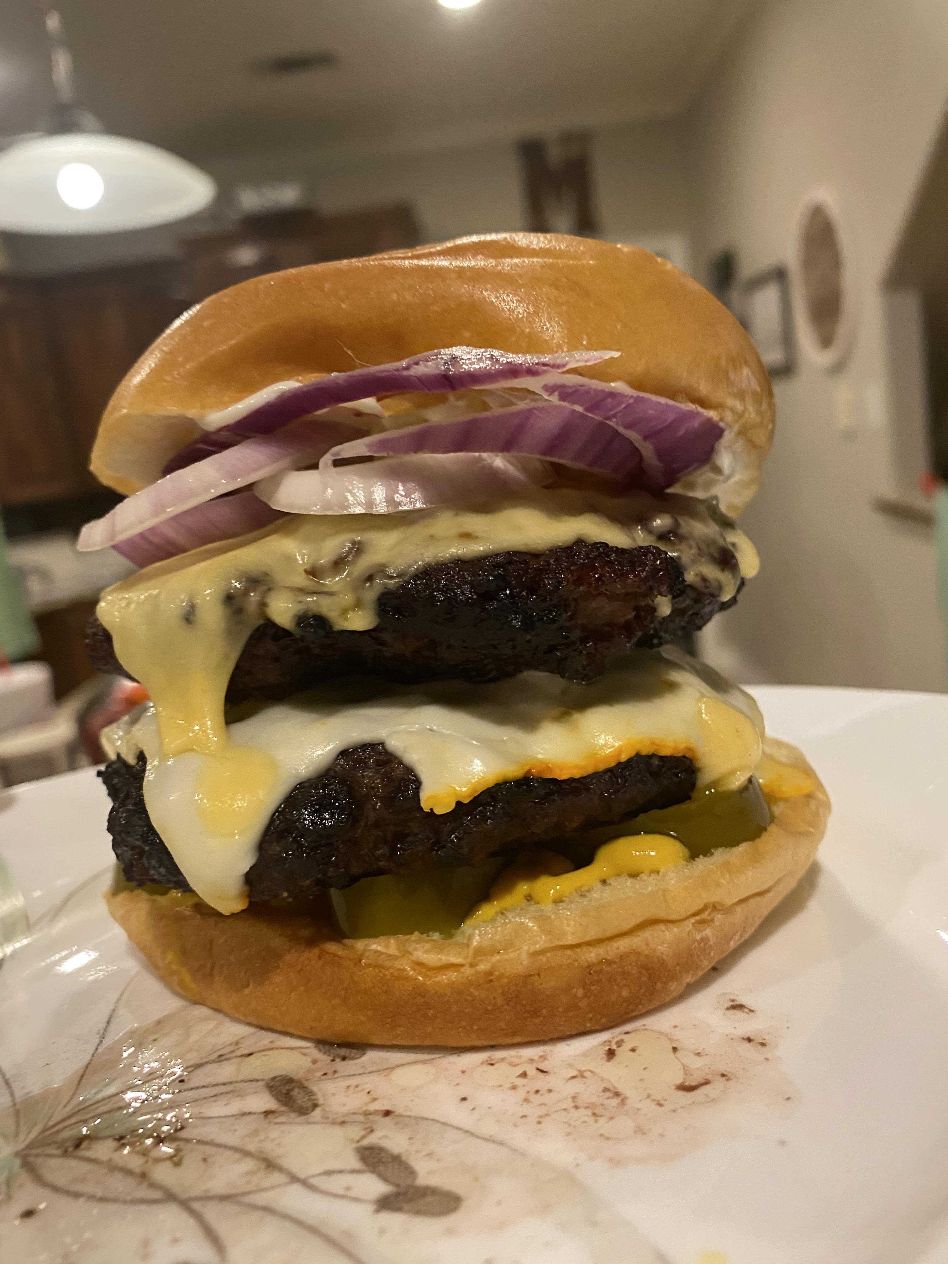 Double with Gouda and Muenster cheese on brioche. Mustard, mayonnaise