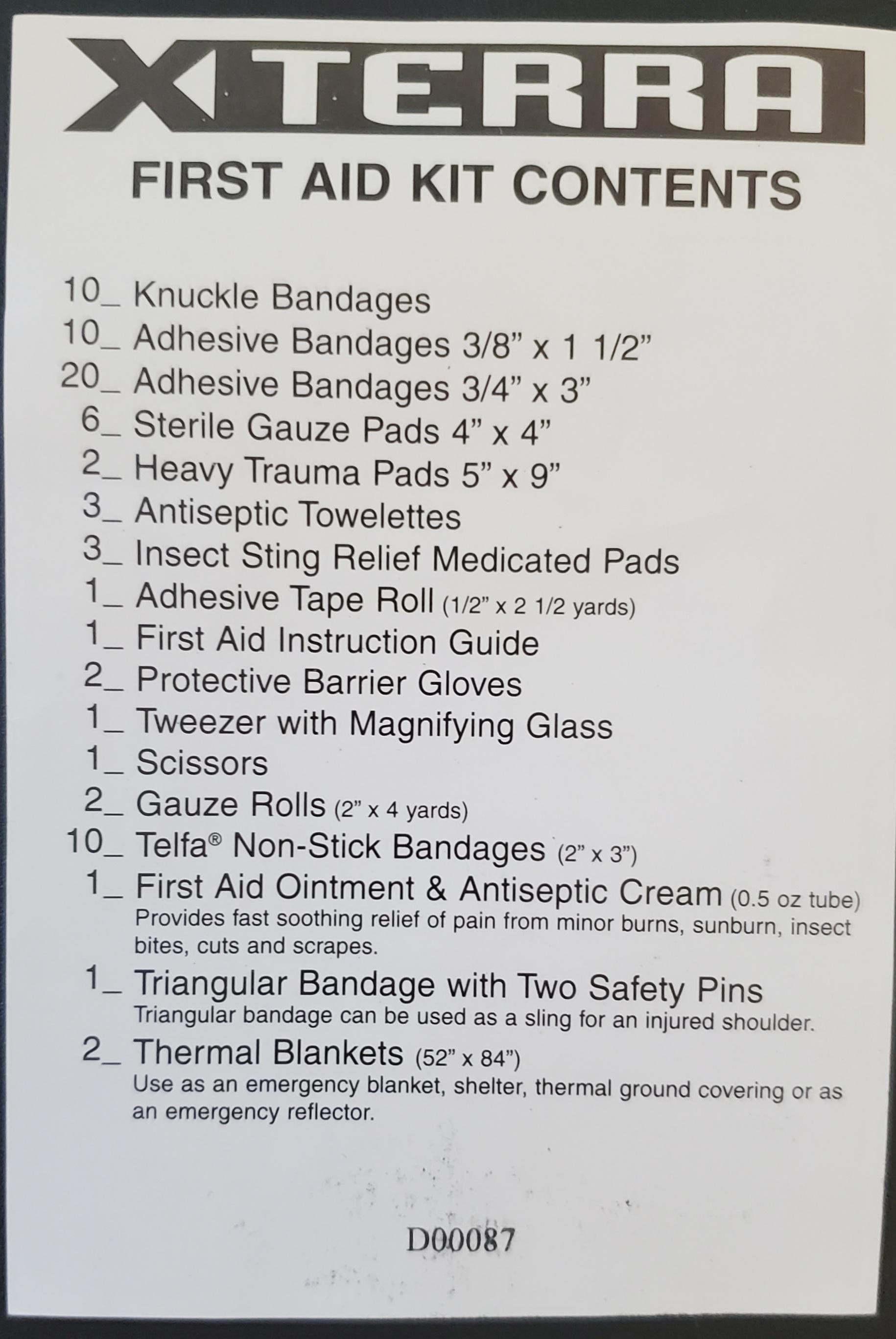 1st Gen first aid kit contents. I filled in various bandages along with