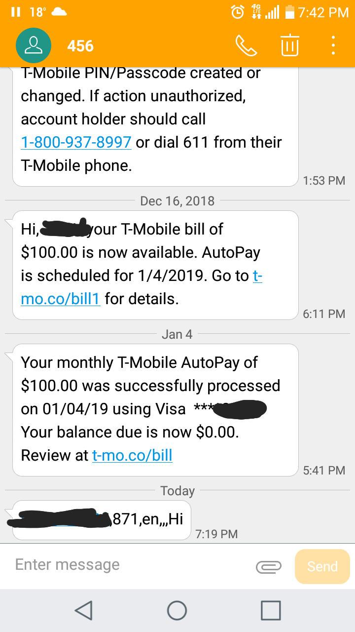 Fiance just got this weird text message from the TMobile billing