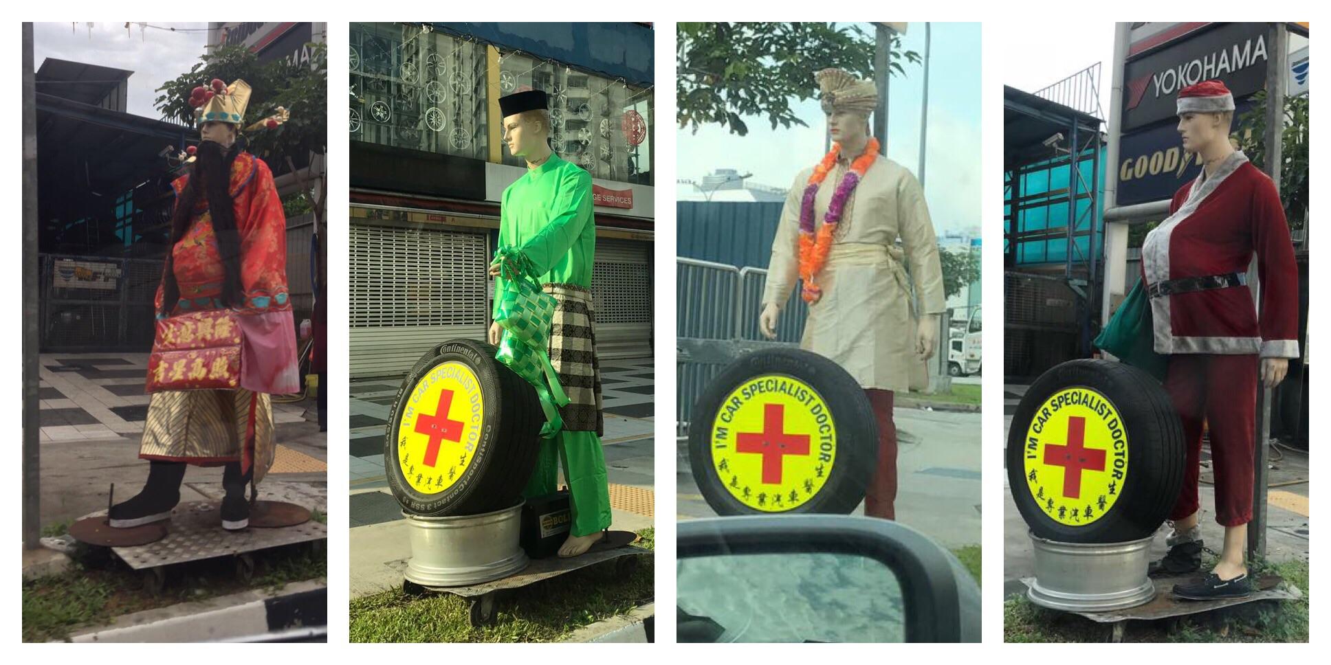 The car repair shop dude near me has a different mannequin costume for