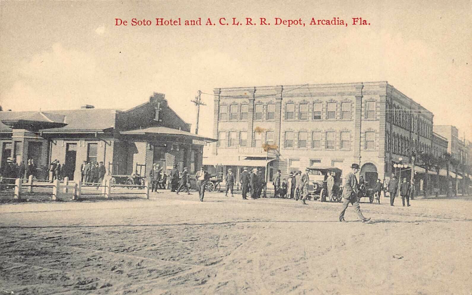 Downtown Arcadia, with Depot and Desoto Hotel in view. Circa 1915. Note the main street appears