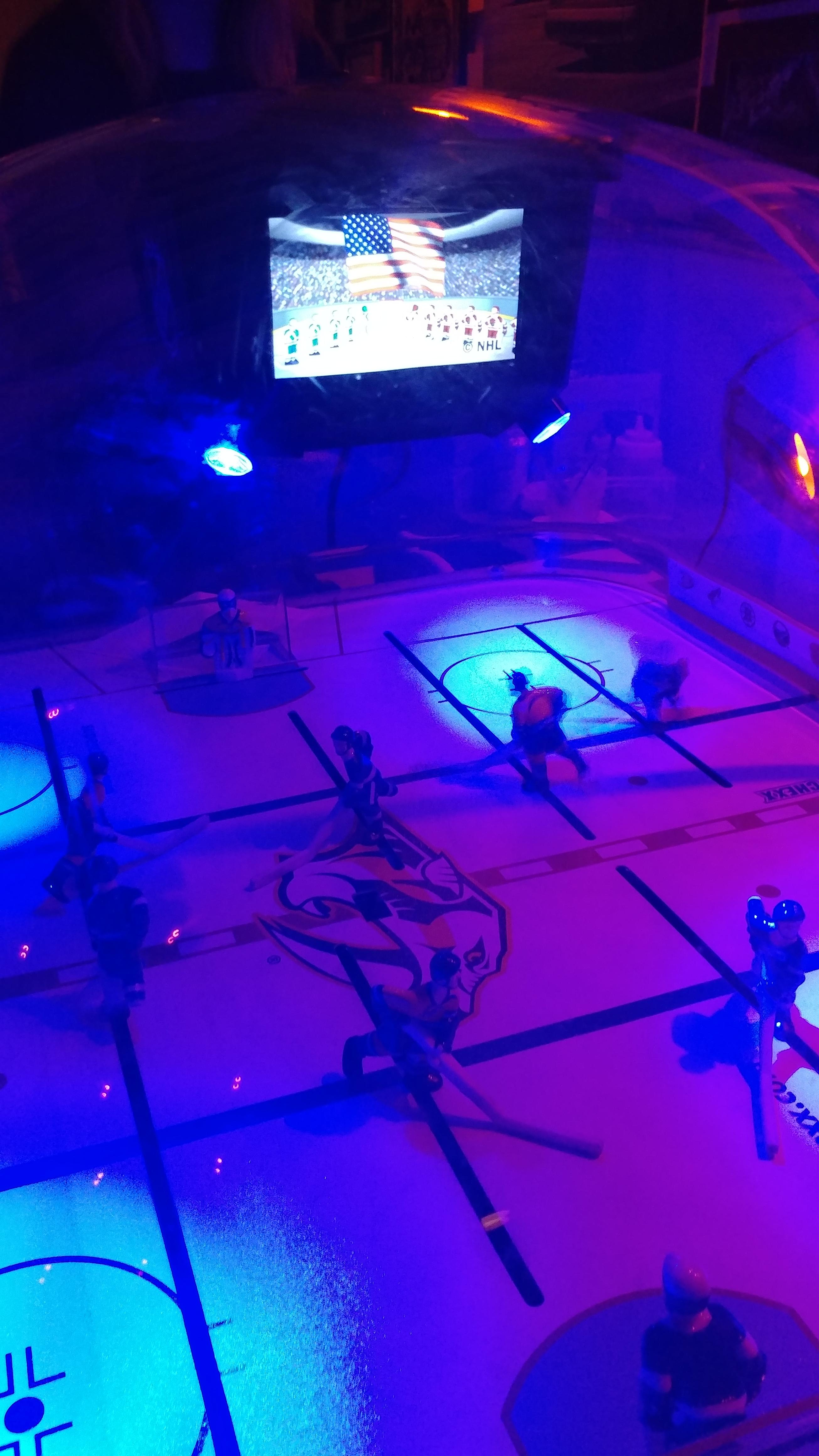 This foosball hockey game plays the National Anthem every time before
