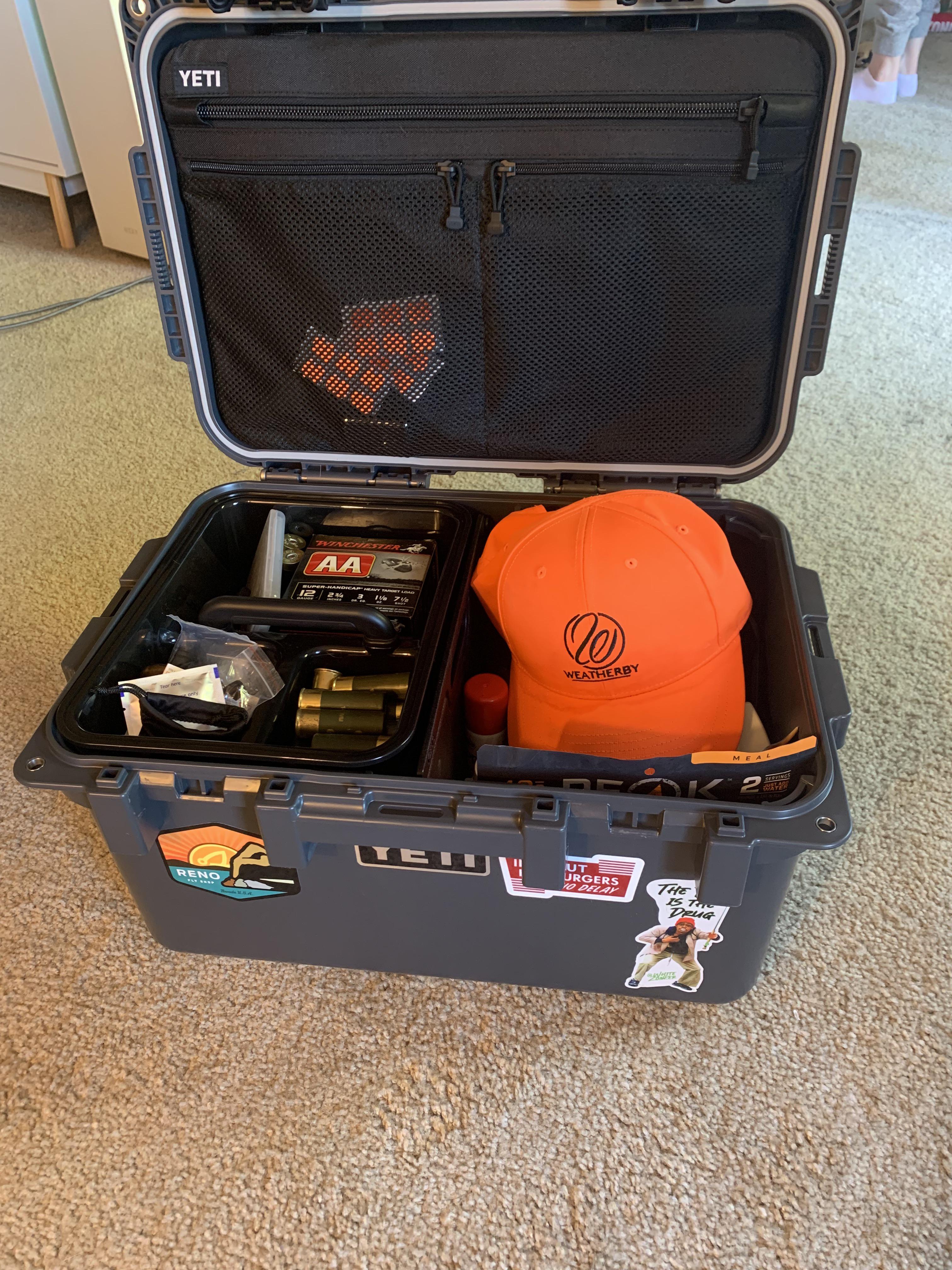 My new charcoal Yeti GoBox 30 loaded up with hunting, fly fishing and
