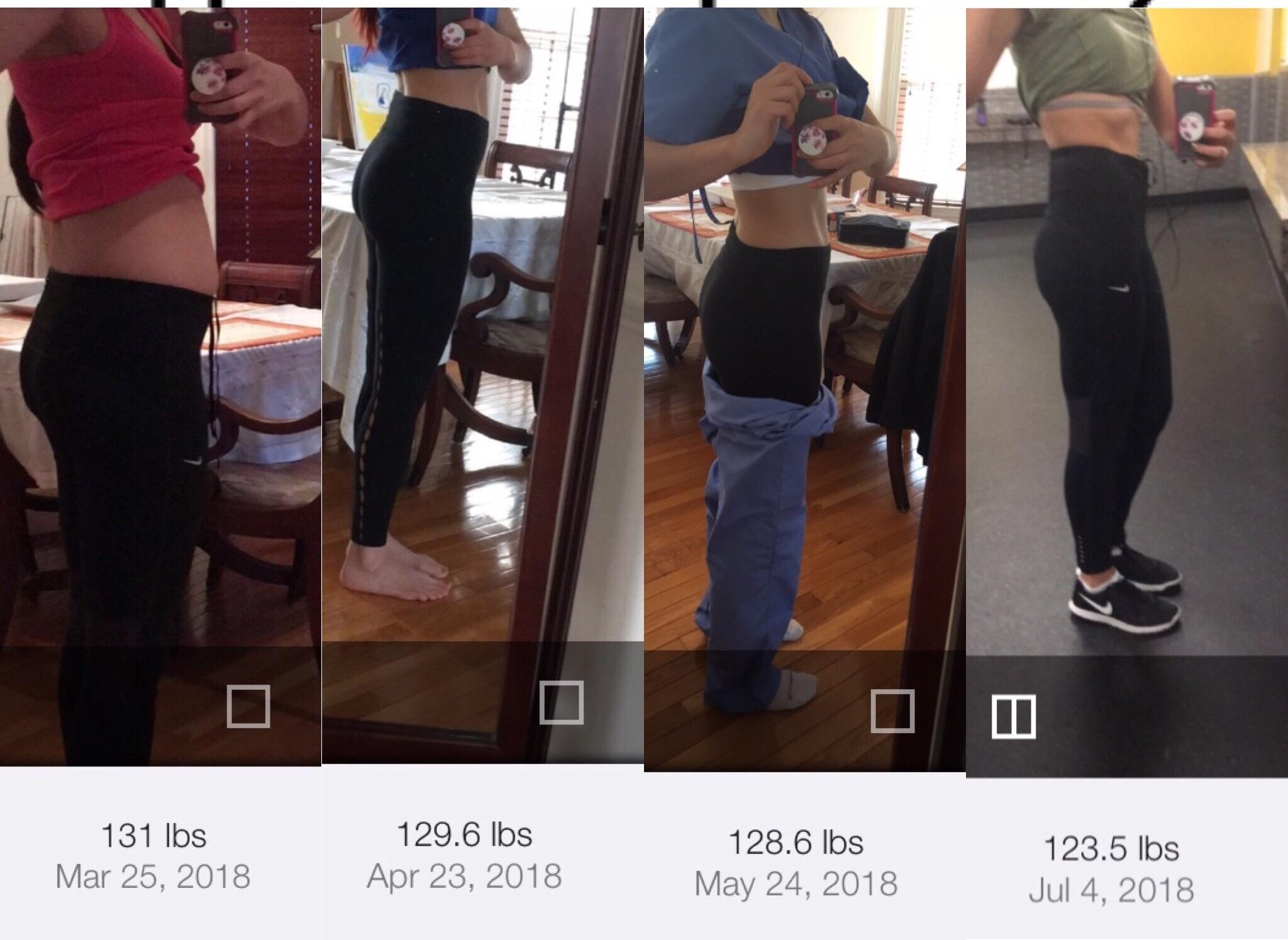 F/26/5’5 [131 lbs > 123.5 lbs = 7.5 lbs] (3 months) getting ready for