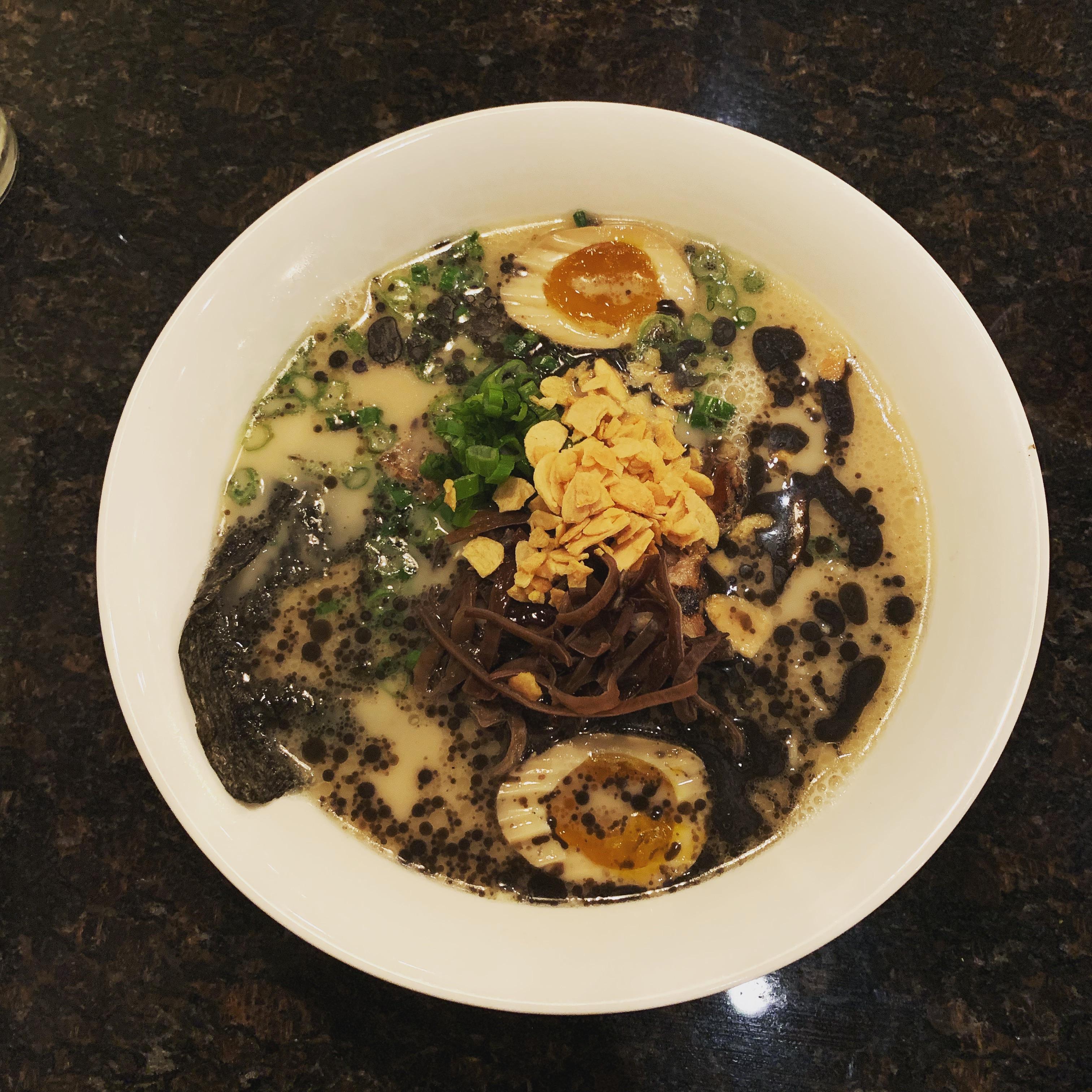Black garlic and sesame Tonkotsu ramen at Misaki Austin TX r/ramen