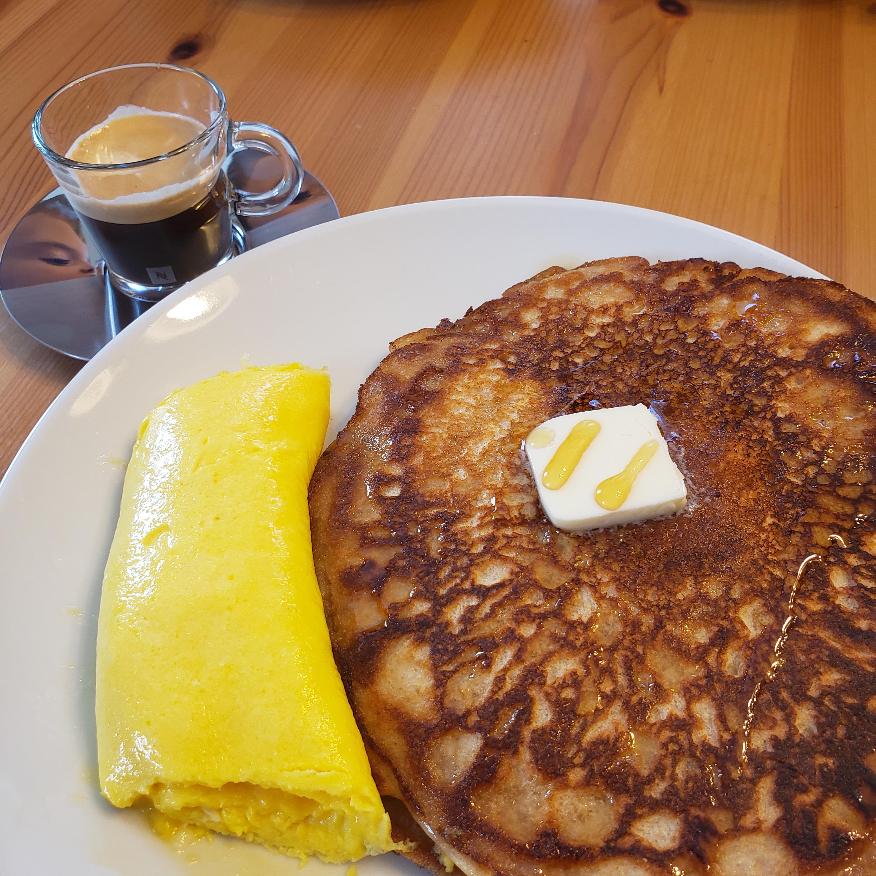 [Homemade] French Omelette, Pancake, and Espresso breakfast r/food