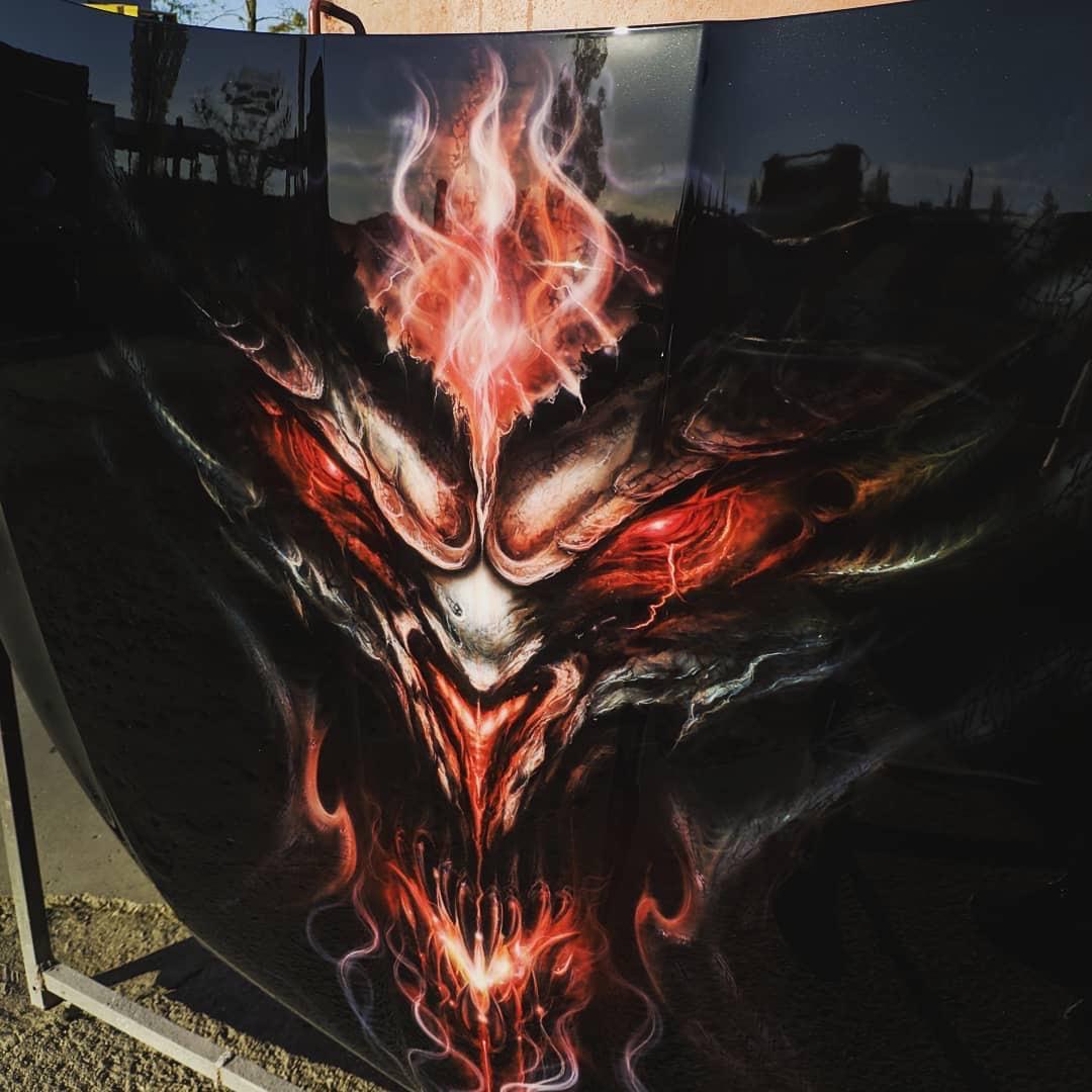 Artwork. Diablo, airbrush project on car hood, Patisson Art, 2019 [OC