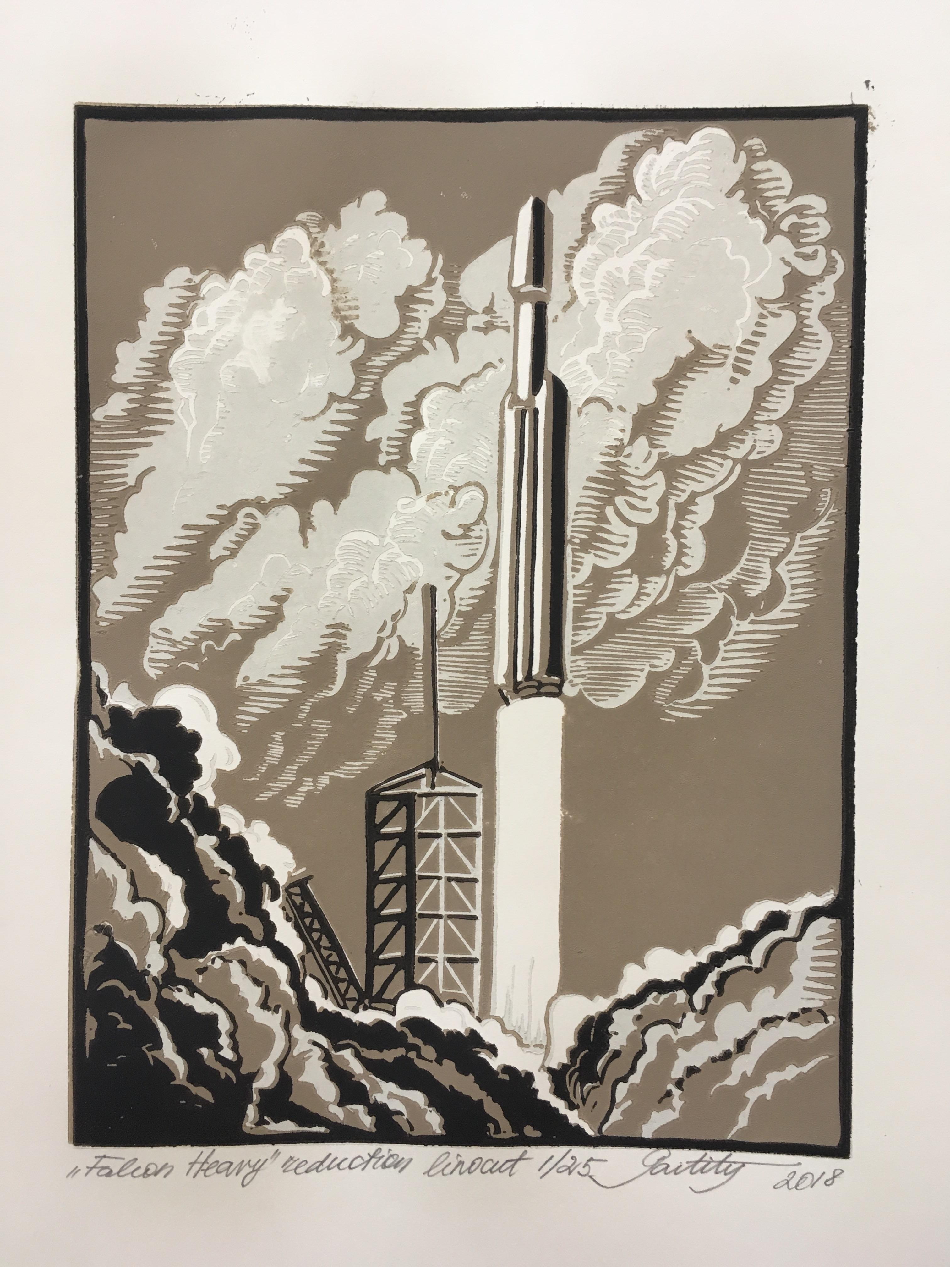 Made a 3 color reduction linocut of SpaceX Falcon Heavy. r/printmaking