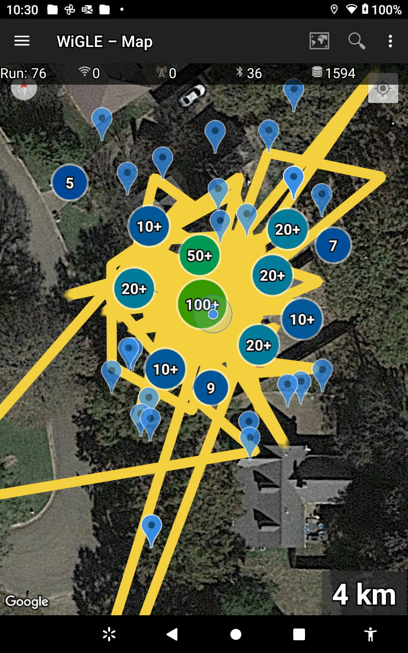 Android wigle wifi wardriving app. These are all the wifi from my neighborhood piled on my house