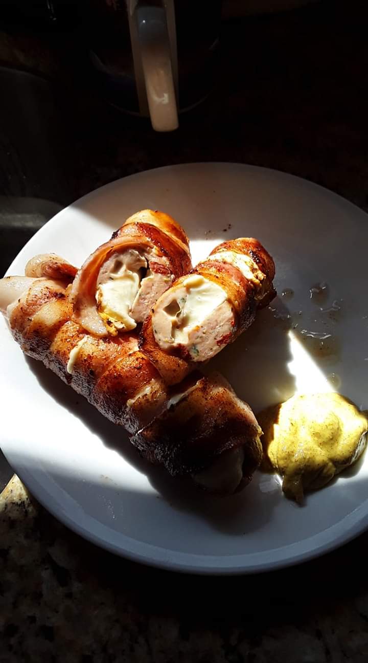 [Homemade] mozzarella stuffed, bacon wrapped, apple chicken sausage