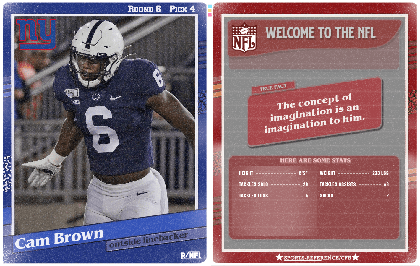 Round 6 Pick 4 Cam Brown, OLB, Penn State (New York Giants) r/NYGiants