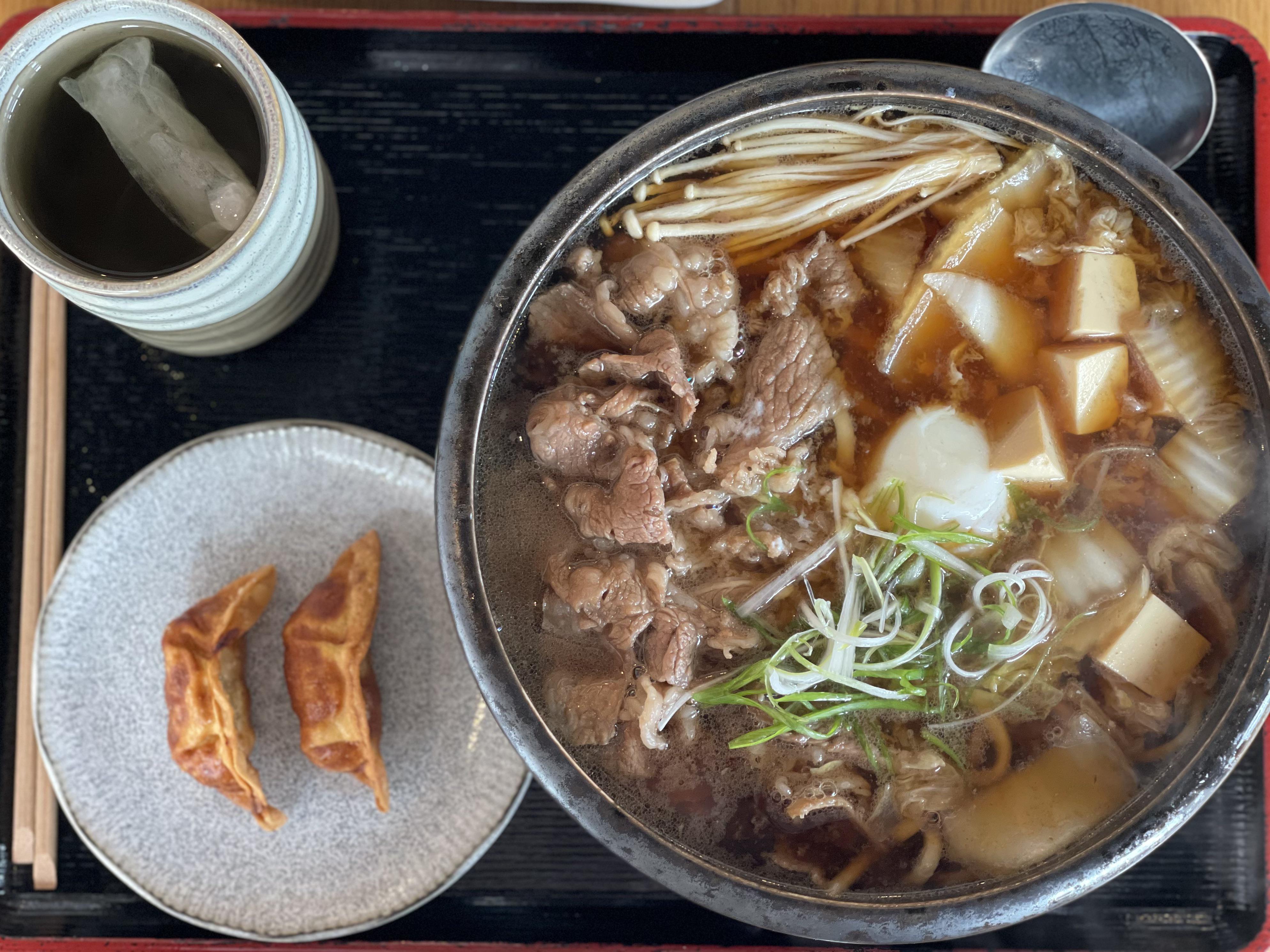 [I ate] Sukiyaki Udon w/ Deep Fried Pork Gyoza and Green Tea r/food