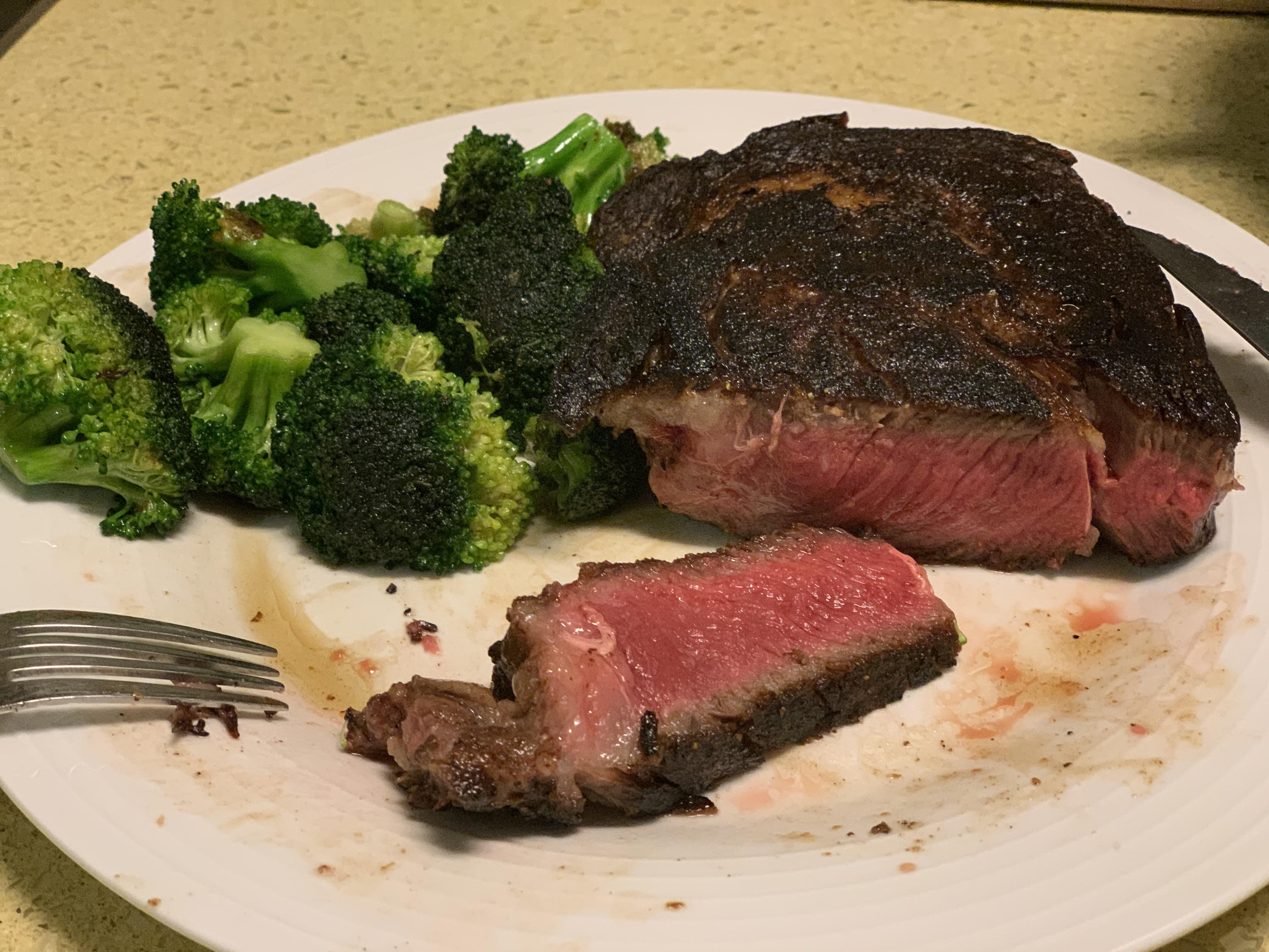 Boneless ribeye cooked on All Clad stainless steel via electric