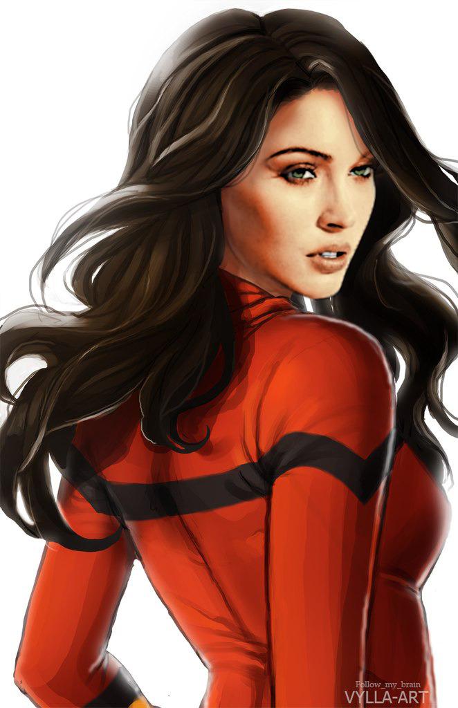 Fan art of Megan Fox as SpiderWoman Jessica Drew (artwork by VYLLAART
