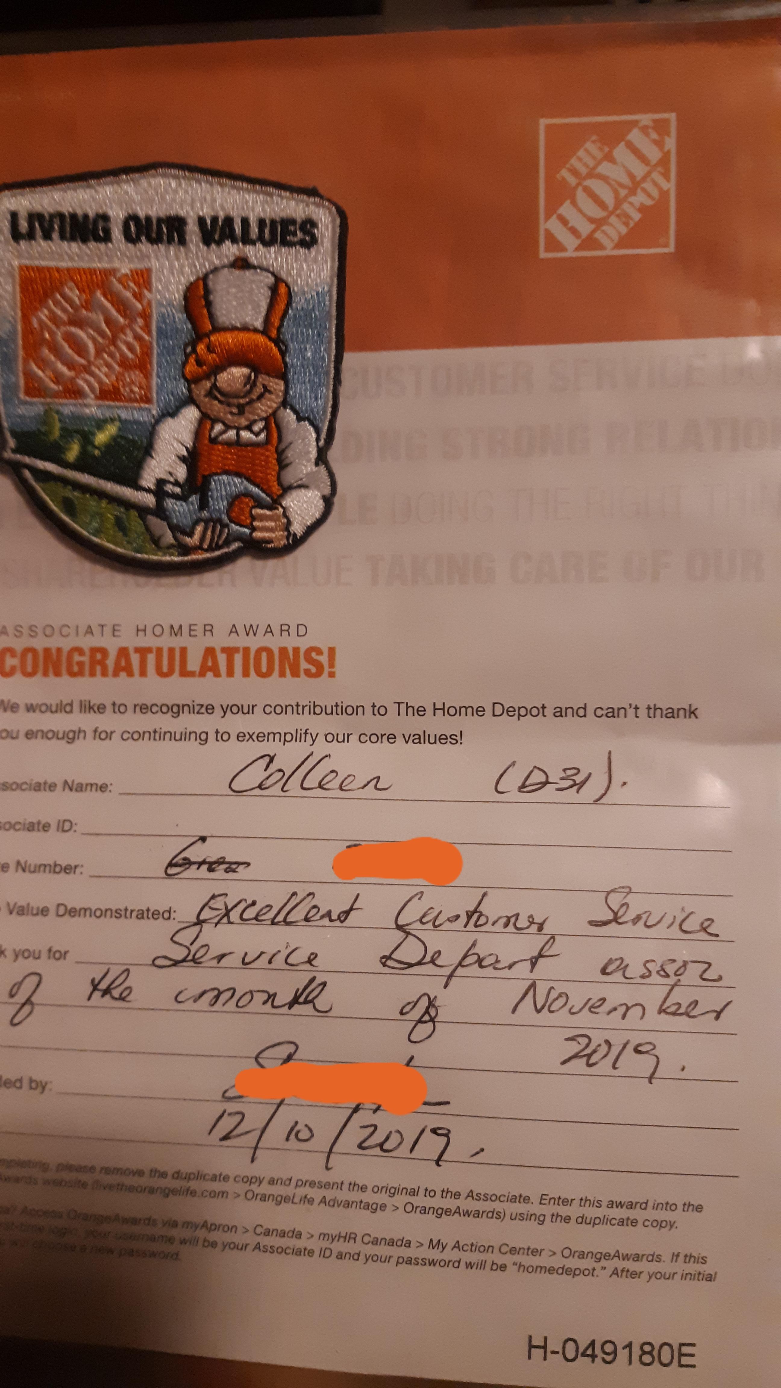 First Homer award AND service associate of the month!!! r/HomeDepot