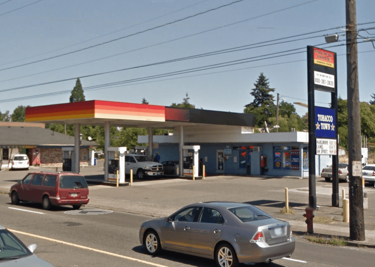 Former Texaco gas station in Portland, Oregon, rebranded as "Pacific
