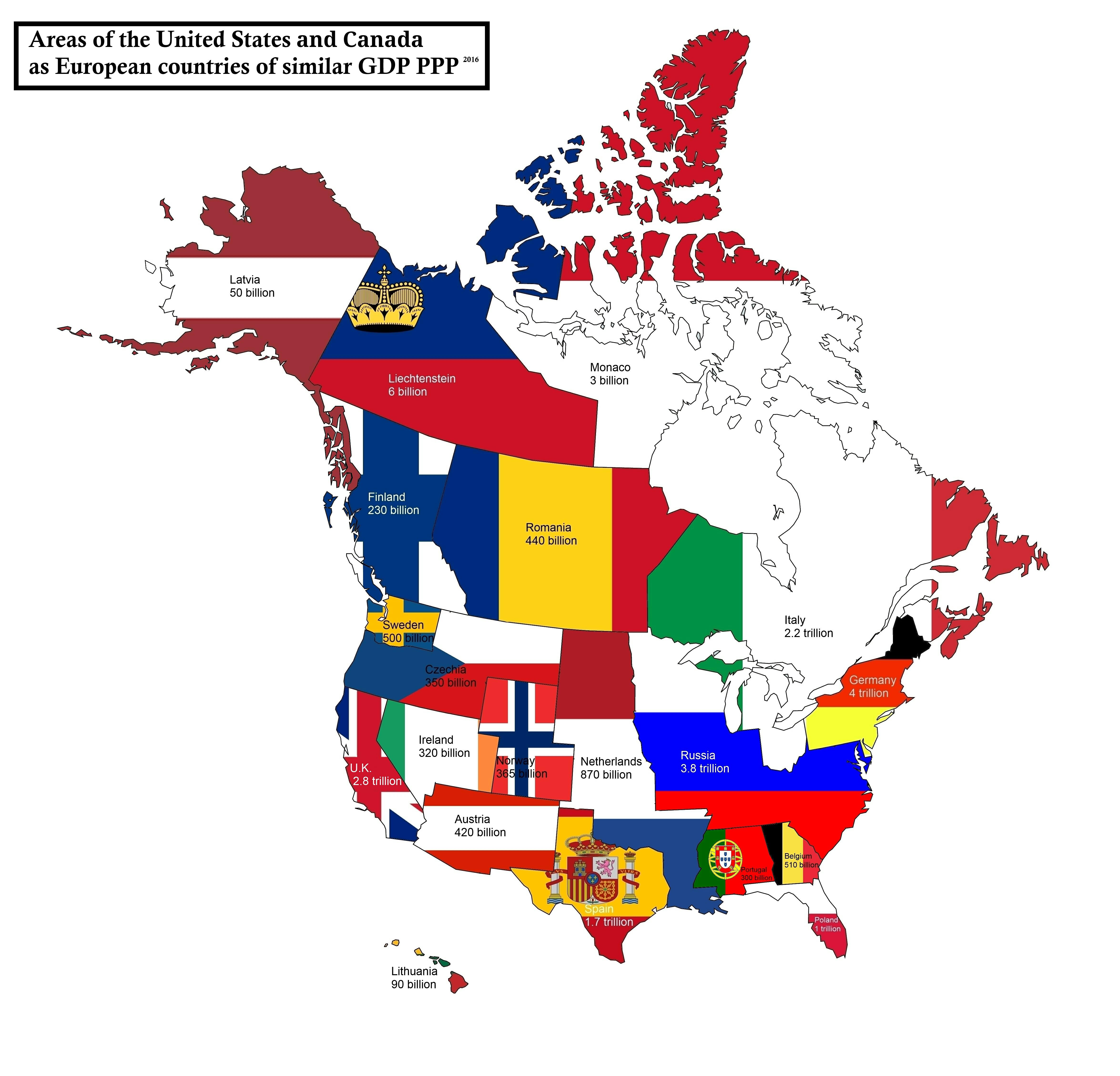 Areas of USA and Canada as European countries of similar GDP PPP