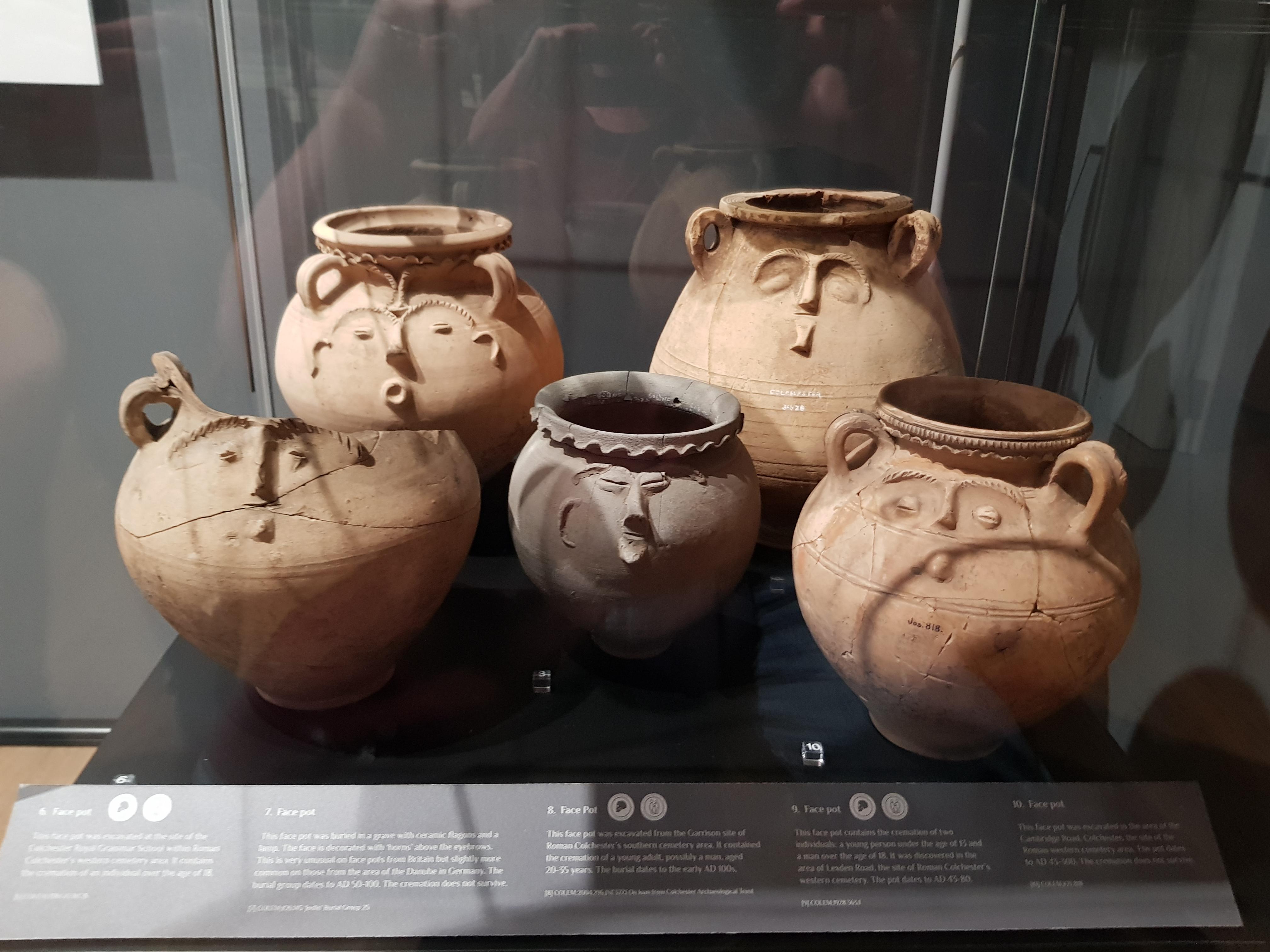 Roman Face Urns for cremation on display at the Colchester Castle