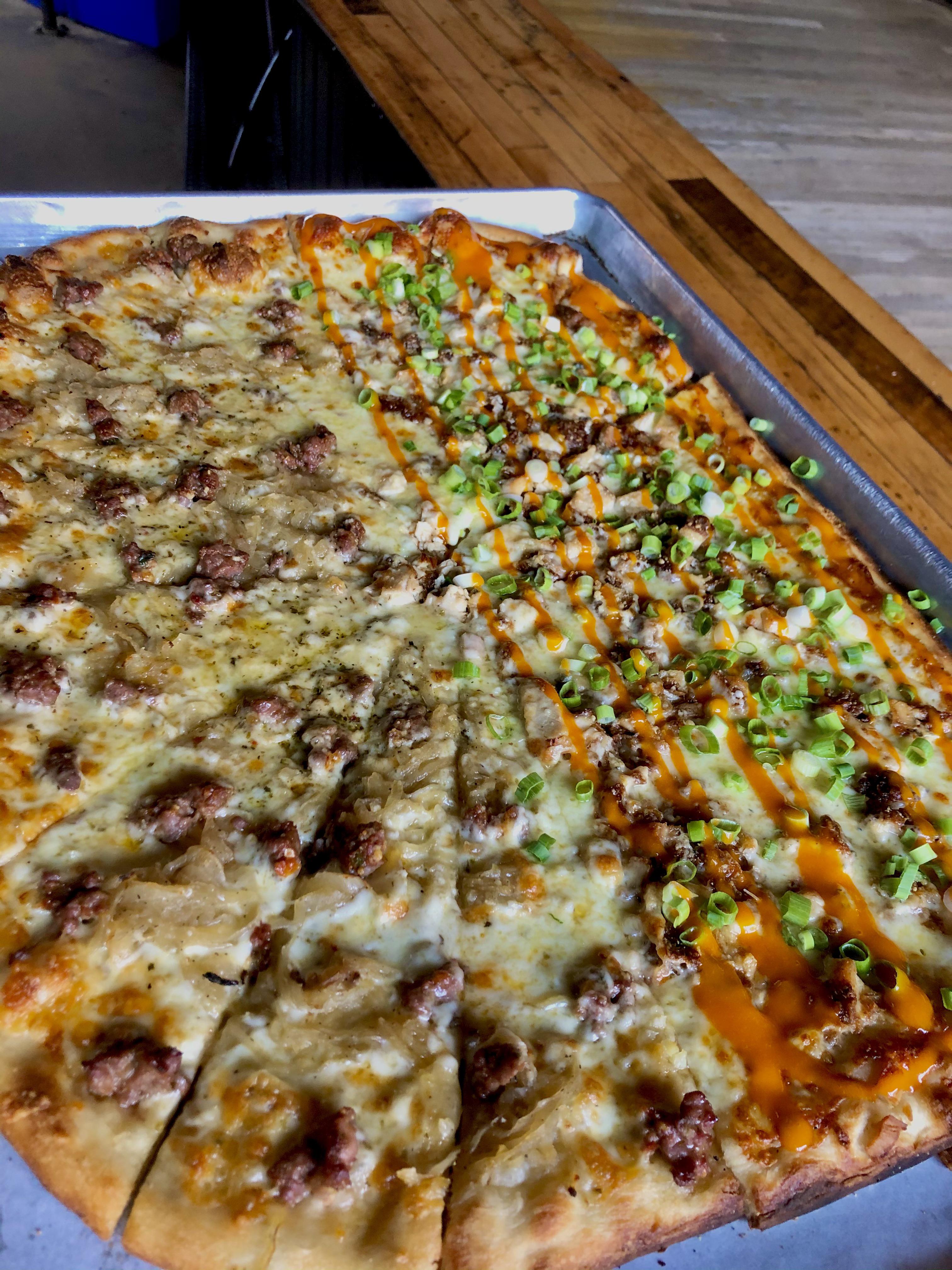 Piece Brewery Pizza, Half Honey Butter Fried Chicken Half Hot Doug’s