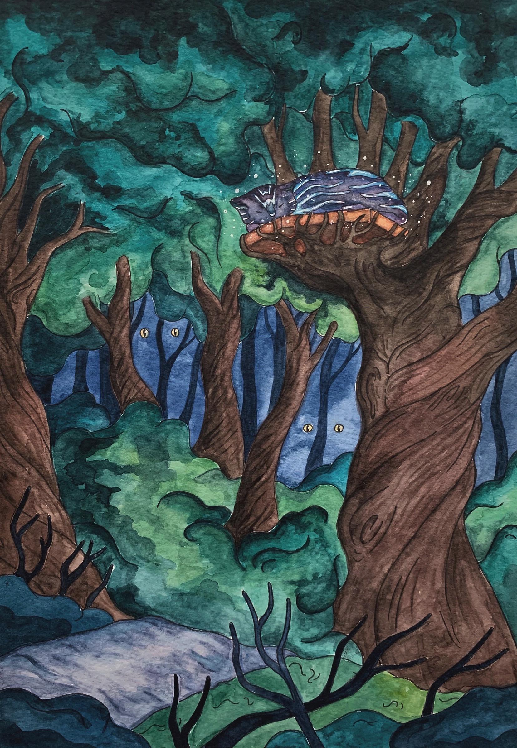 A giant cat in an enchanted forest r/Watercolor