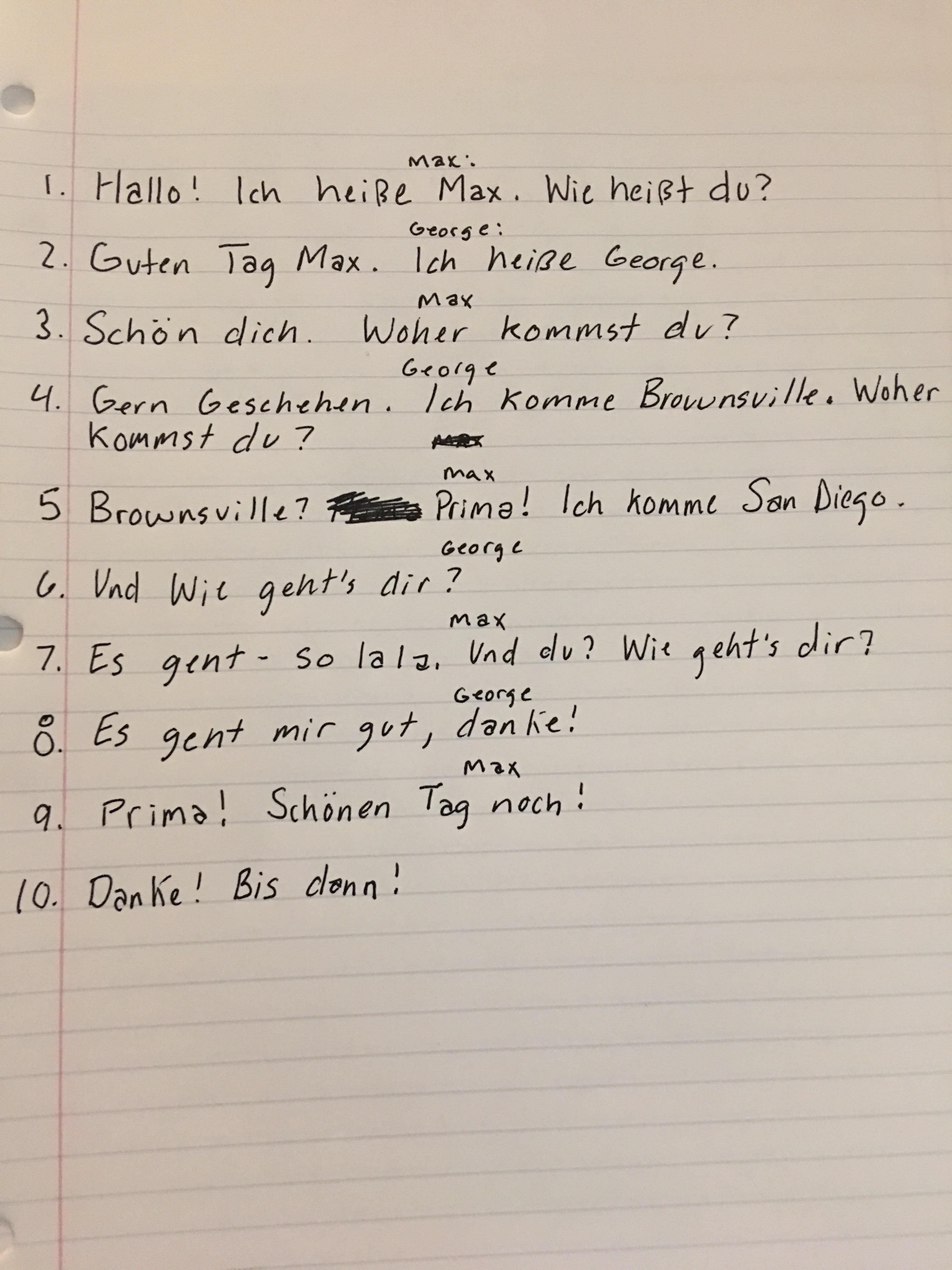 I wrote a practice dialog for my German 1 class. Any suggestions