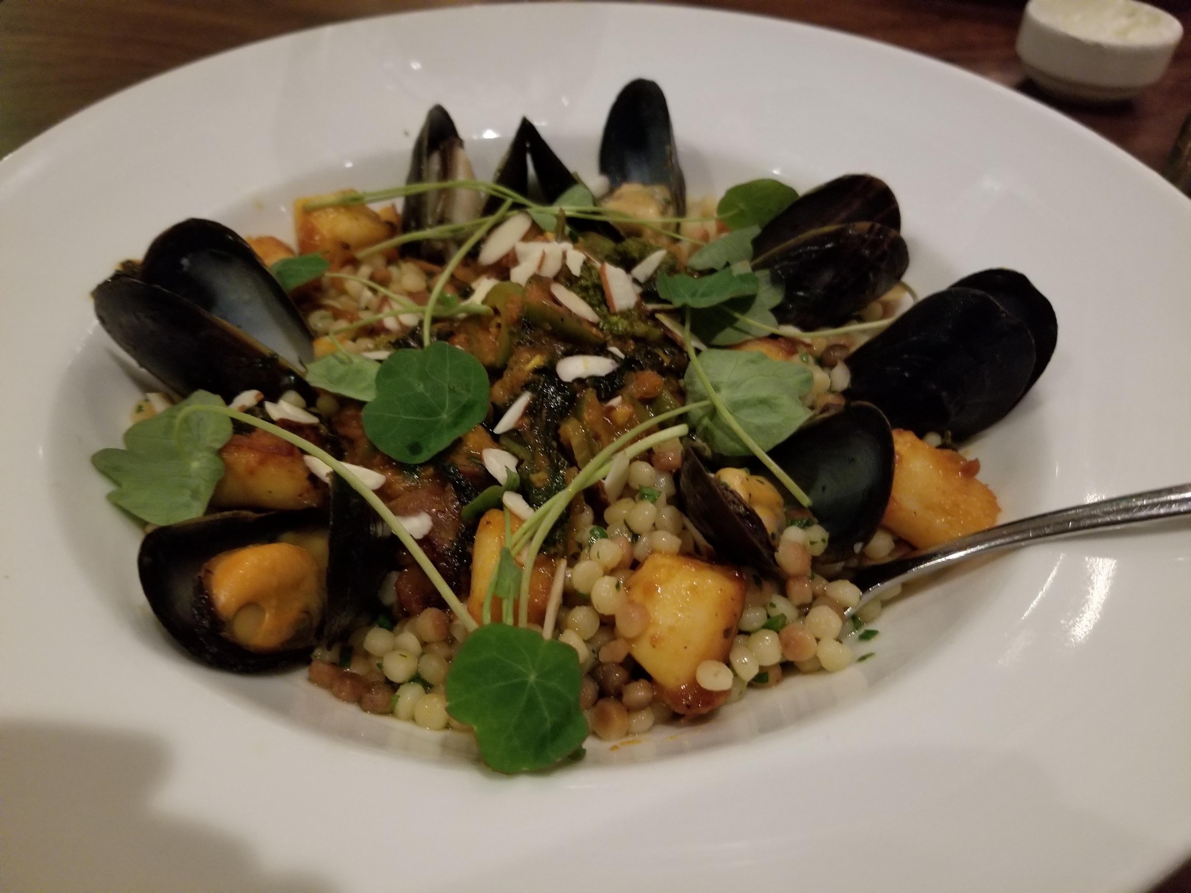 [I Ate] Bay scallops and Mussels, Herbed cous cous, green olives, bacon