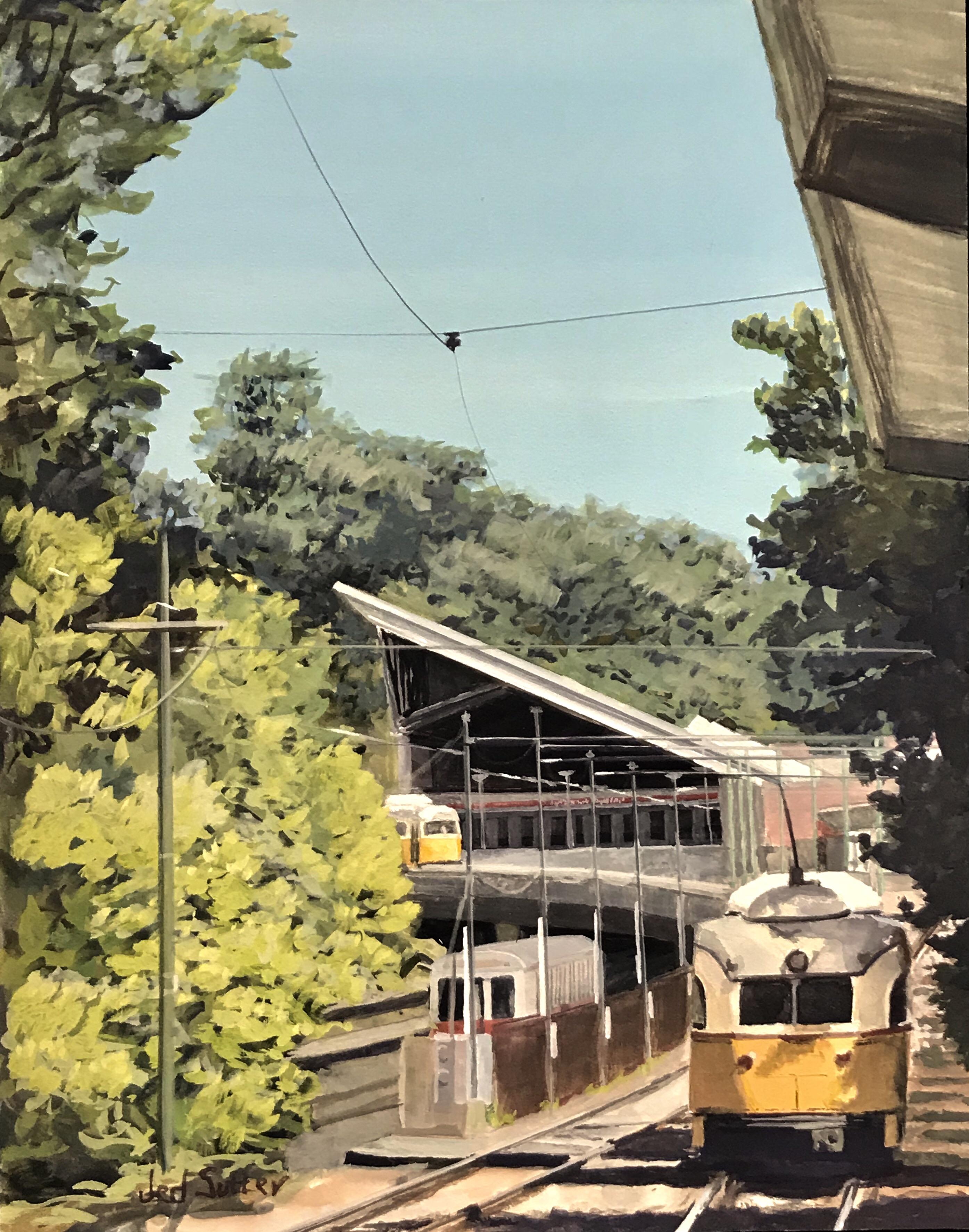 Just finished painting! “Ashmont Station Next” gouache on panel, 11x14