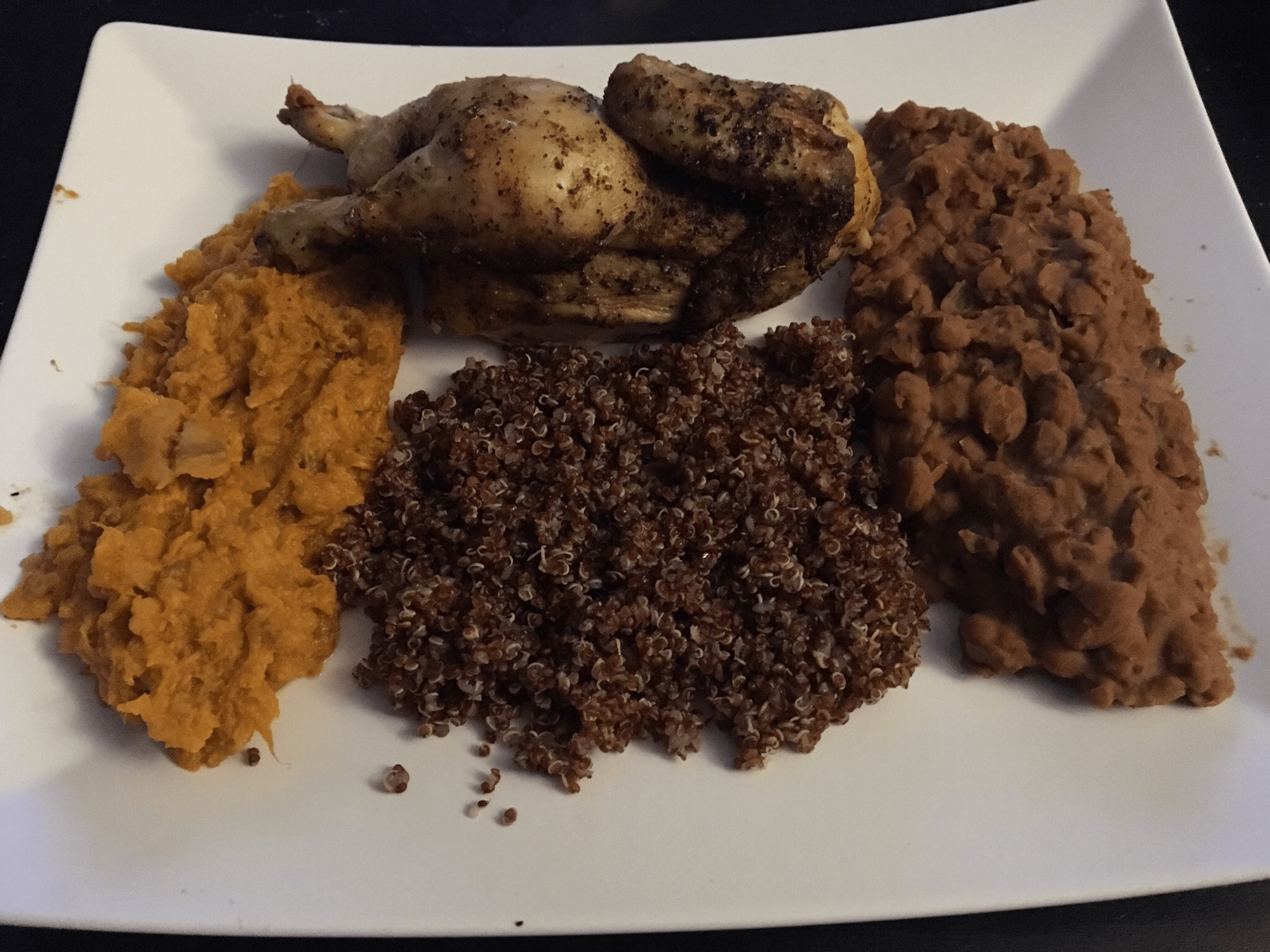 Cornish hen, red quinoa, pinto beans and sweet potatoes r/recipes