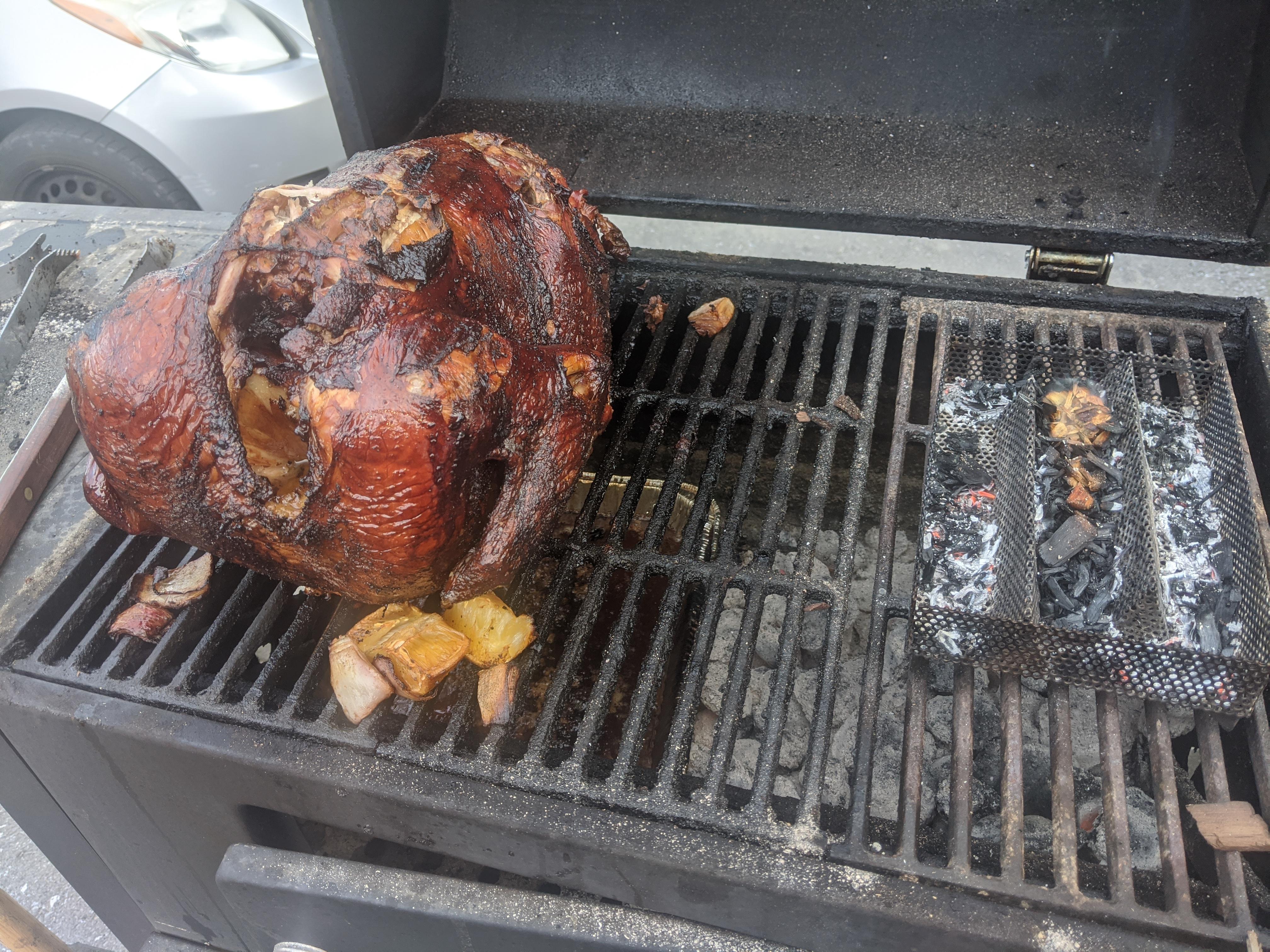 Smoked turkey (applewood chips) on charcoal is done and tasty! Took 5 1