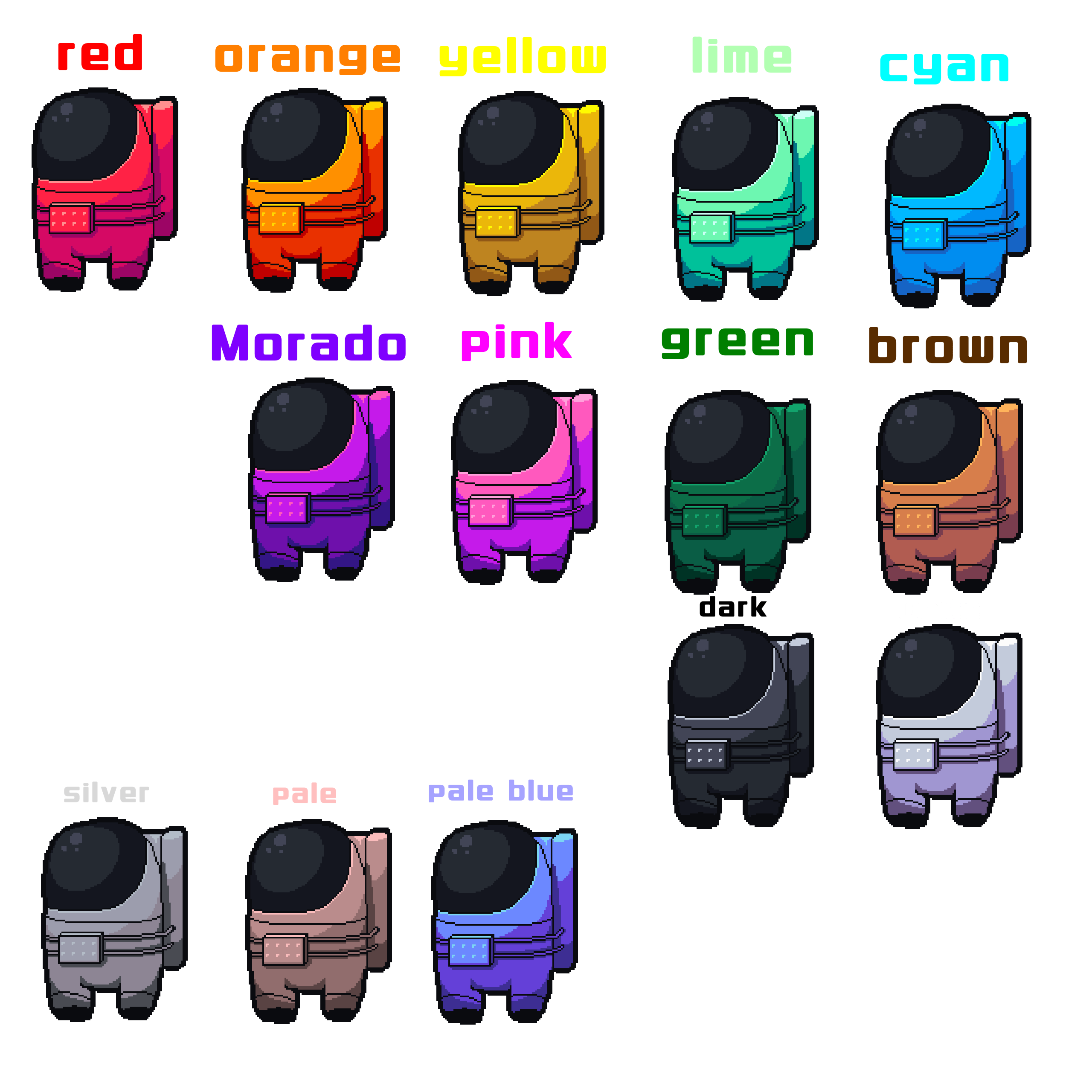 pixel art of the colors of the among us characters (and some extras