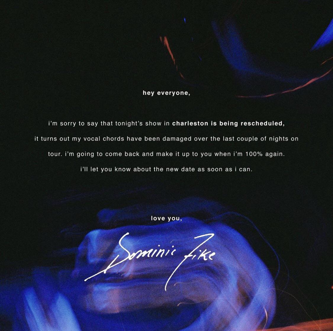 PSA Charleston show rescheduled due to vocal chord damage r/DominicFike