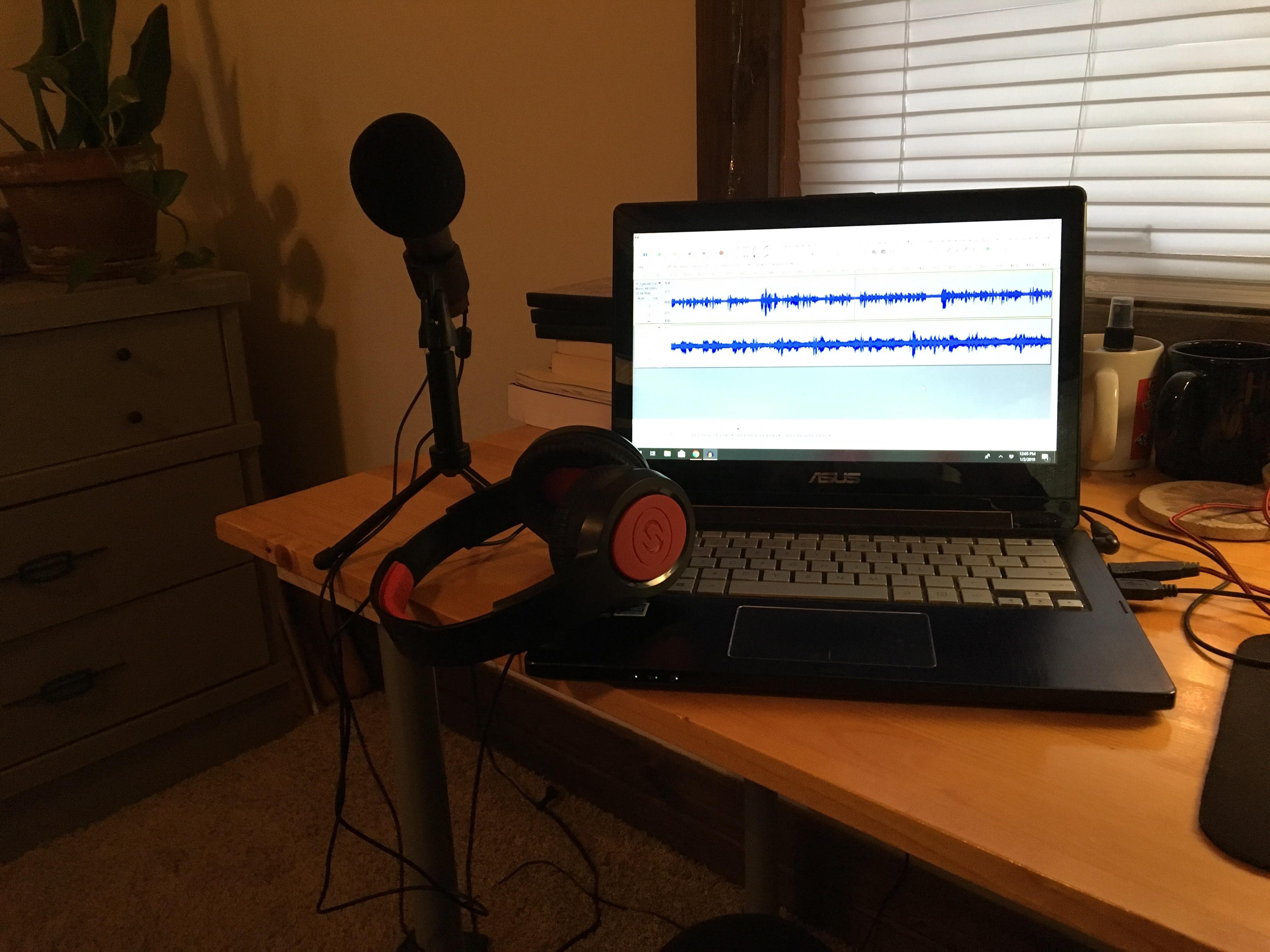 My setup. Samson q2u microphone, Samson SR360 headphones, and an old