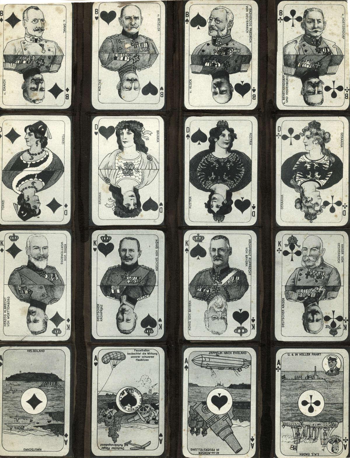 A set of German playing cards from the First World War depicting