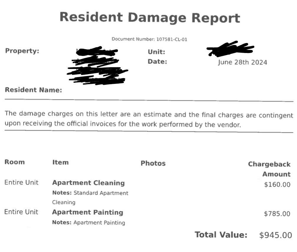 The California apartment I just moved out of is charging me 785 to