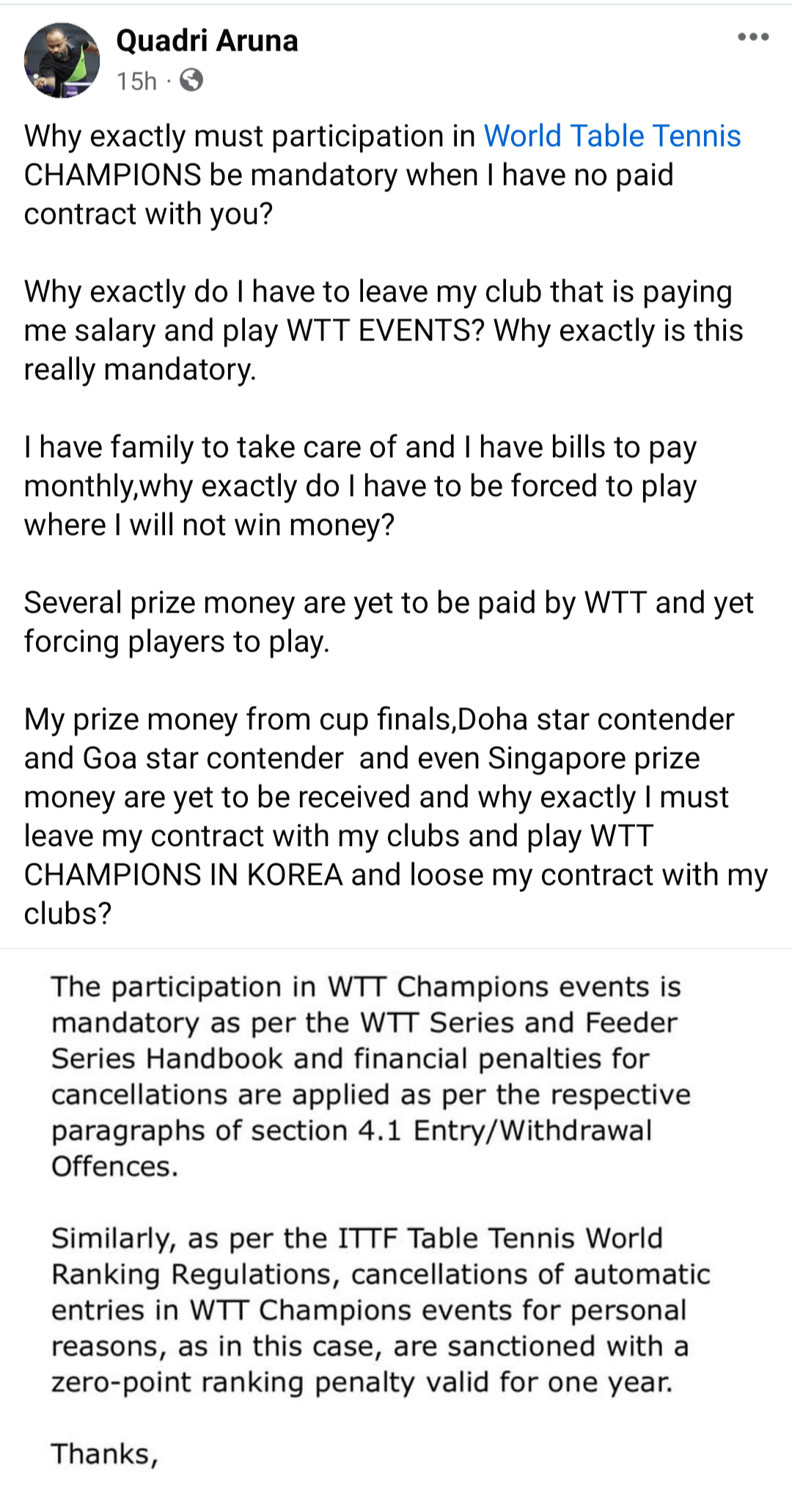 the honourable and respectable organization that runs our sport