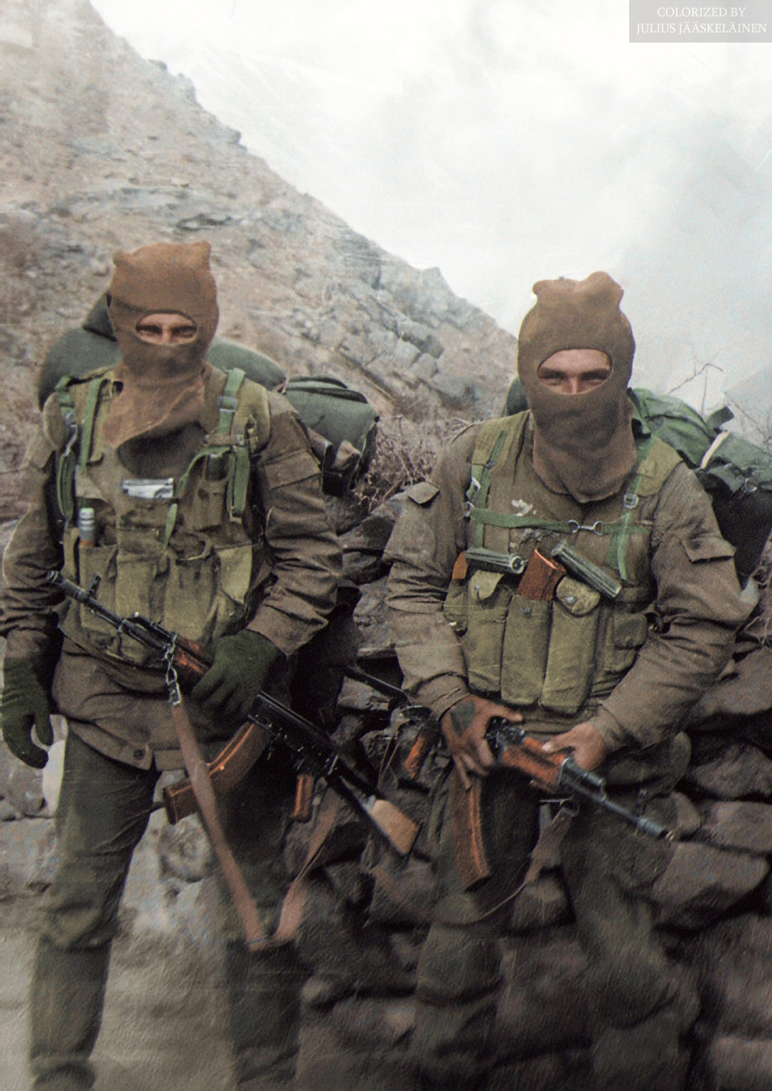 Colorized photo of unidentified Russian soldiers in Afghan mountains