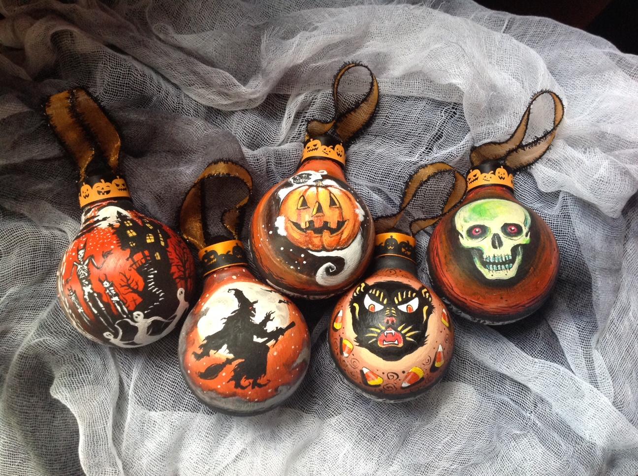 Vintage Hallowe'en inspired ornaments painted on salvaged burnt out