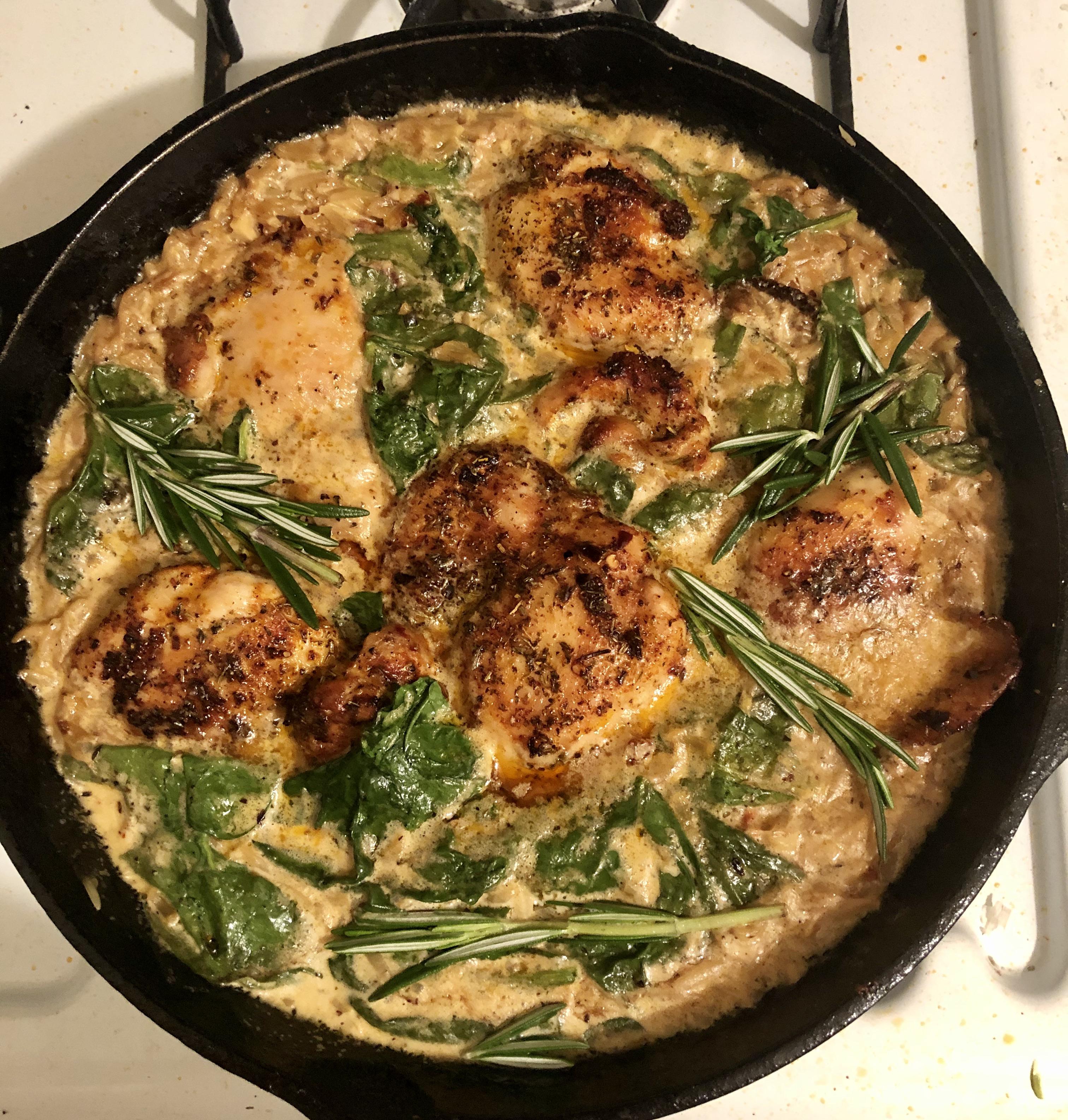 [Homemade] Creamy sun dried tomato chicken and orzo r/food