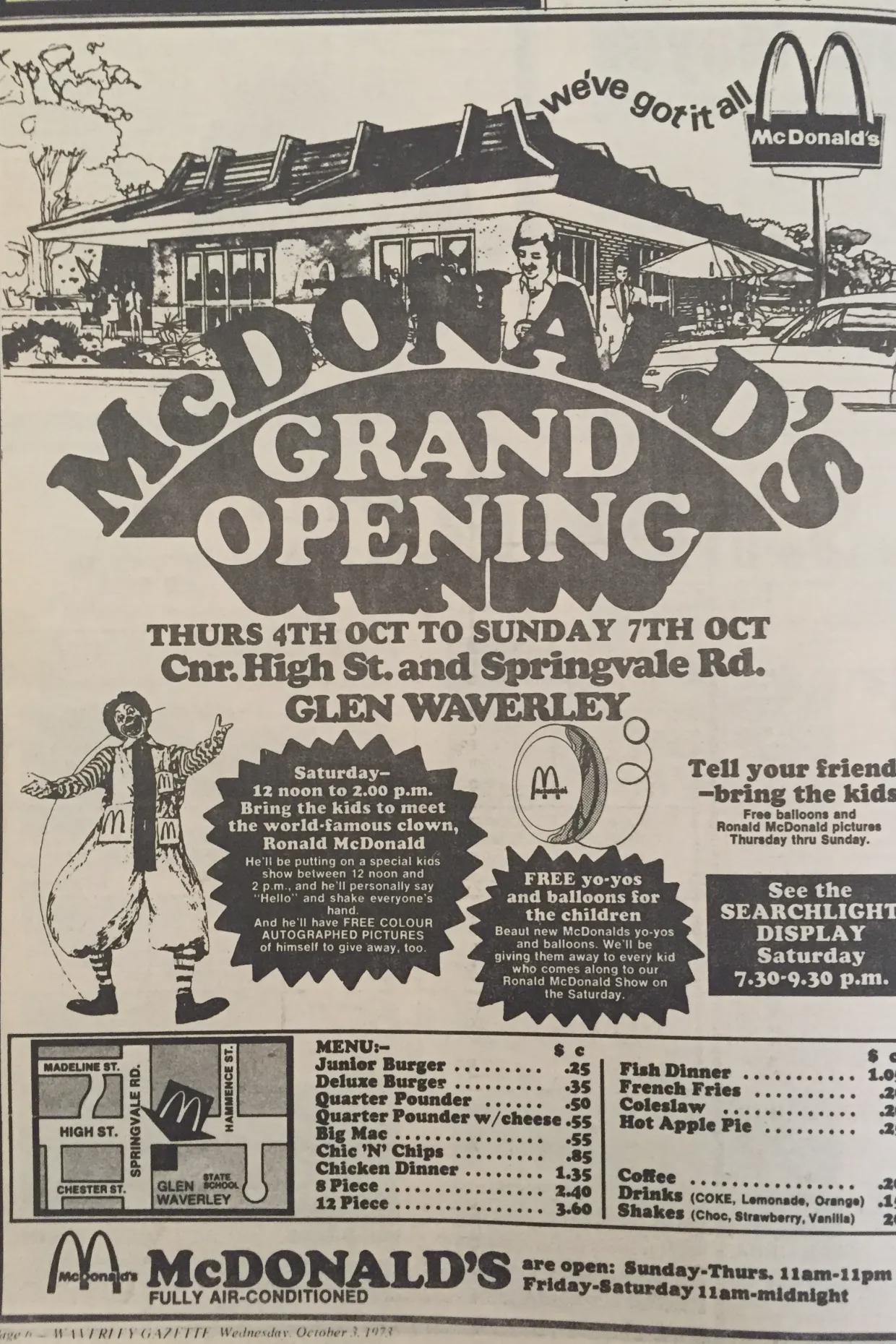Ad for first Maccas in Victoria, more than 50 years ago in 1973