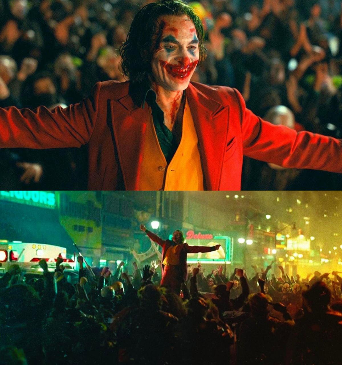 In Joker (2019) we see Joker wearing red and lifting his arms to take