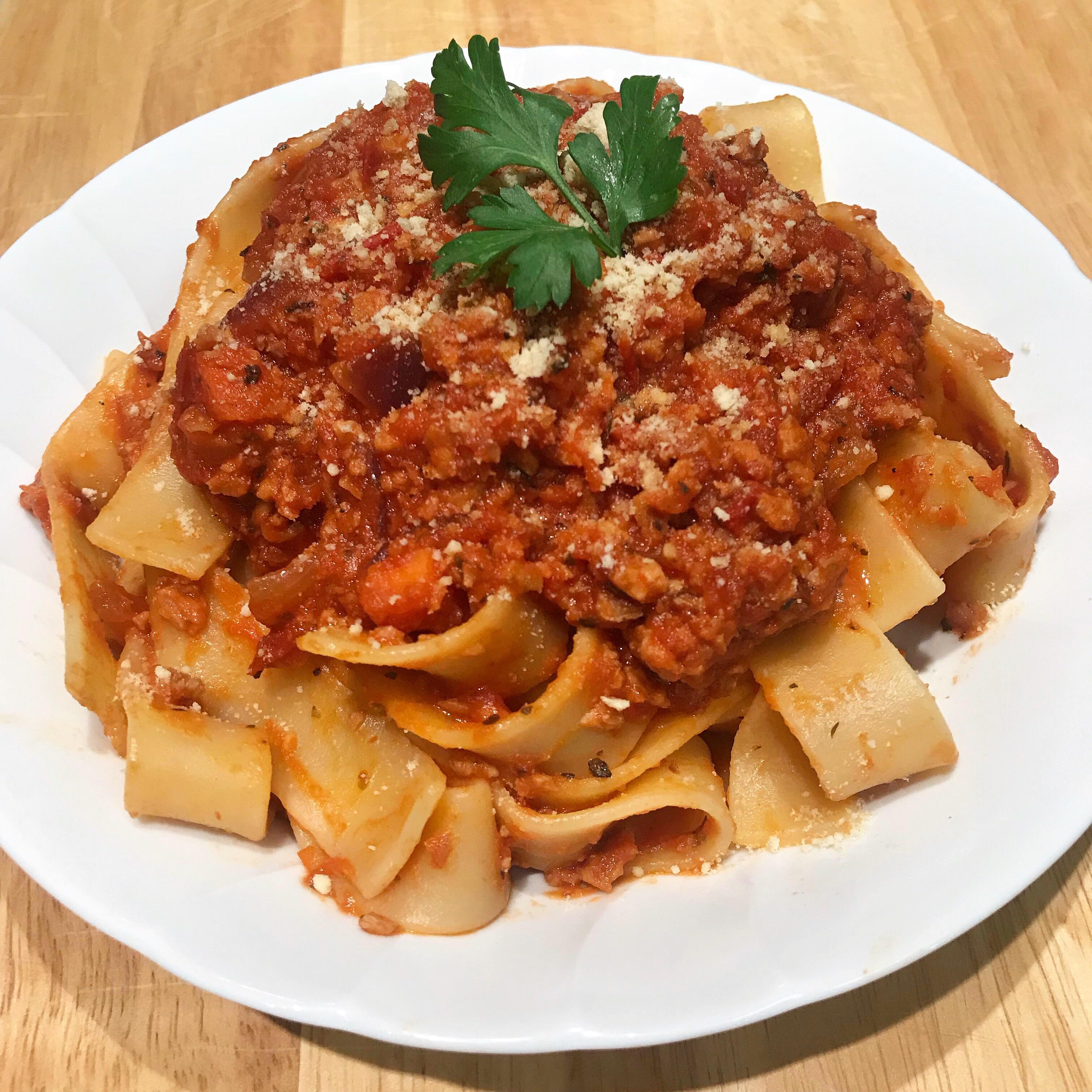 I made vegan Pappardelle alla Bolognese. I would marry this pasta if I