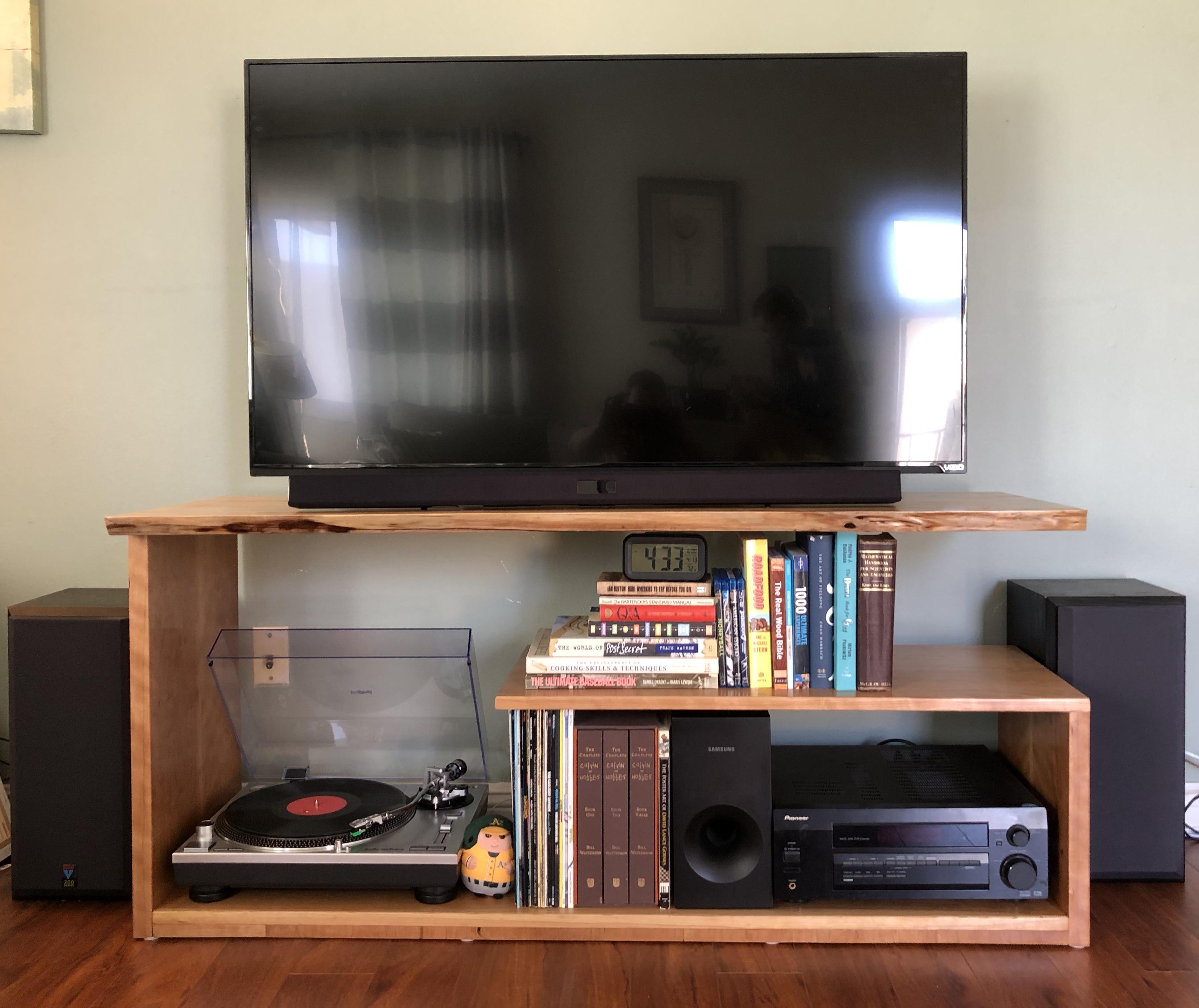 Live edge entertainment center with floating shelves (details in