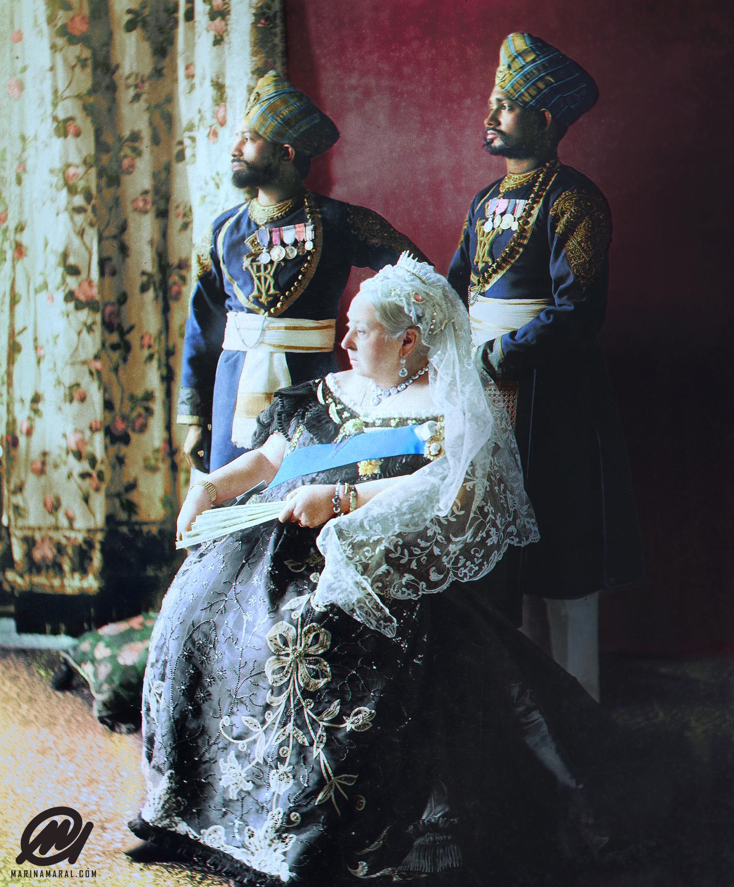 Queen Victoria seated with her two Indian servants Mustafa and Chidda