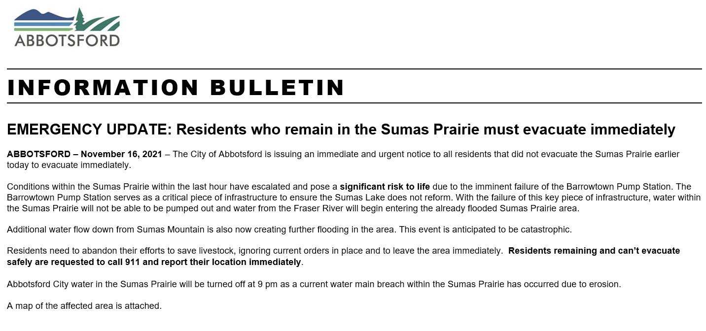 Emergency Immediate Evacuation Order for Sumas Prairie, BC r/canada
