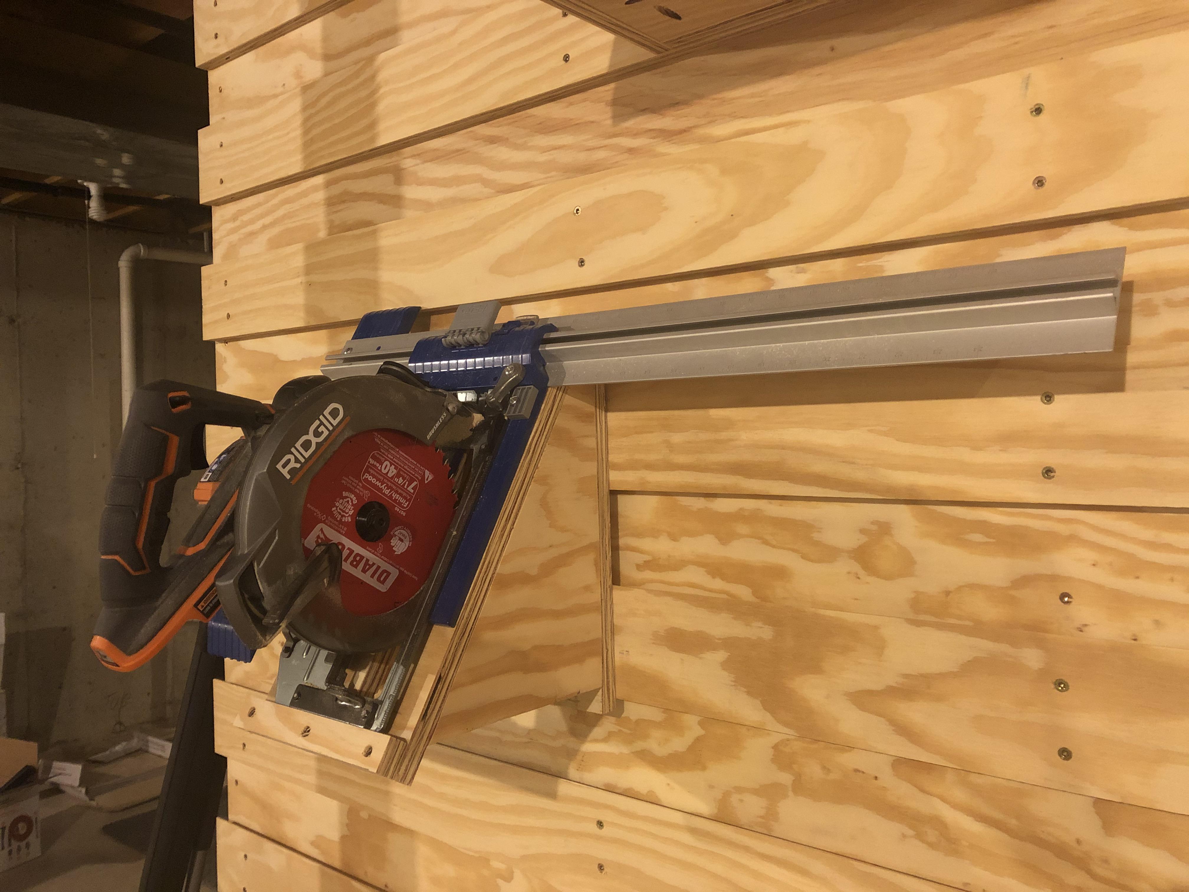 Latest french cleat tool holder; holds my 71/4” circular saw mounted